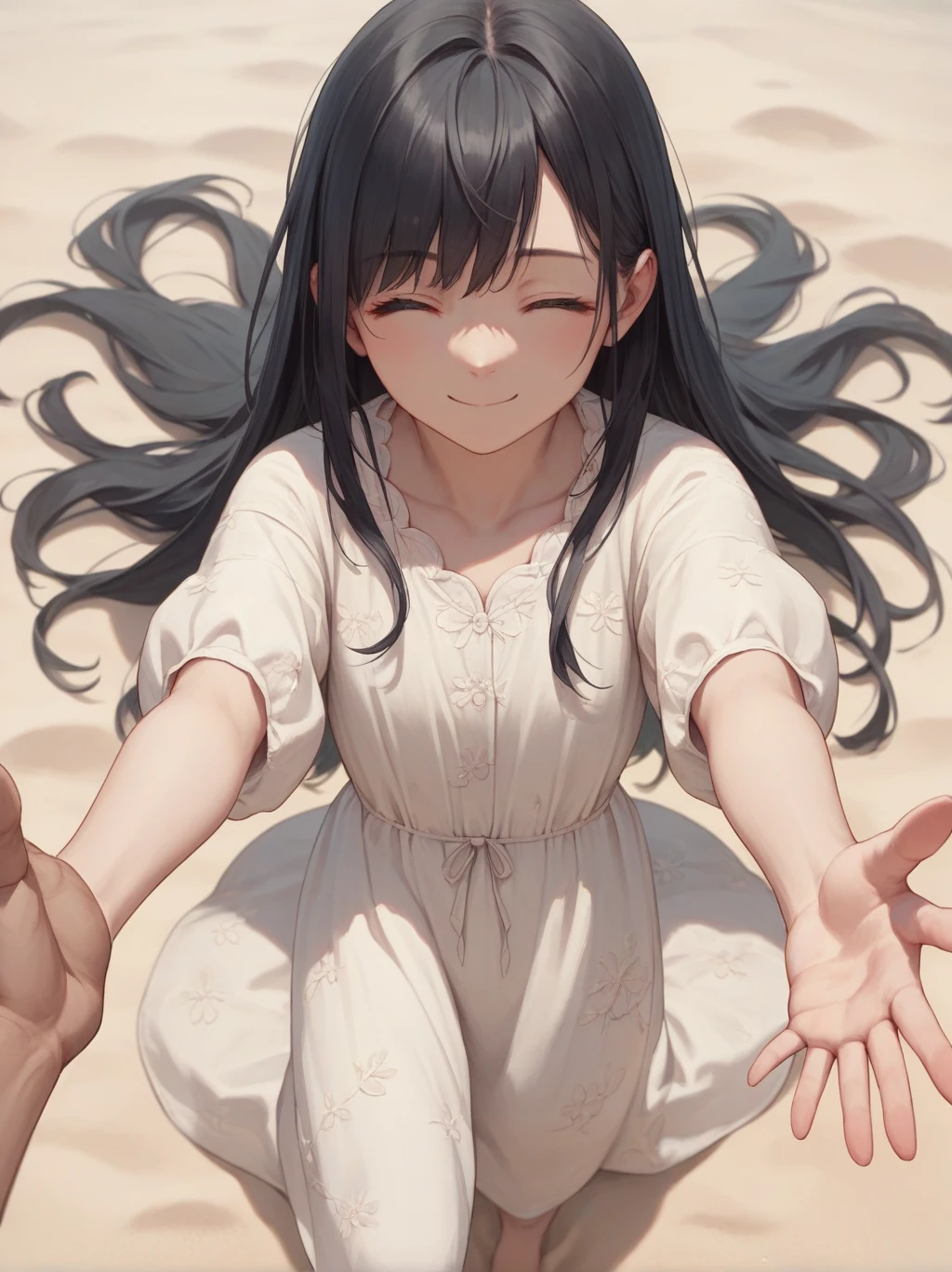 score_9, score_8_up, score_7_up, score_6_up, source_anime, <lora:linen_dress_v0.1-pony:1> 
1girl, long hair, black hair,  linen dress, 
pov, perspective, from above, reaching, closed mouth, sand, pov hand, smile, closed eyes,