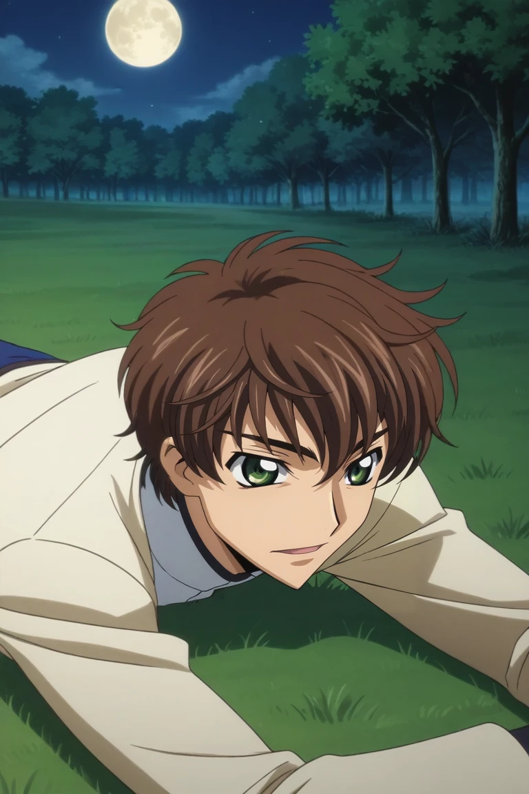 score_9, score_8_up, score_7_up, source_anime, rating_safe, intricate details, anime screencap, anime coloring, official style, , , 1boy, solo, male focus, <lora:suzaku_kururugi_pony:0.94>, suzaku_kururugi, brown hair, green eyes, from side, grass, tree, night, full moon, lying, on stomach, laughing, , straw hat, <lora:sdxl_lightning_8step_lora:1>