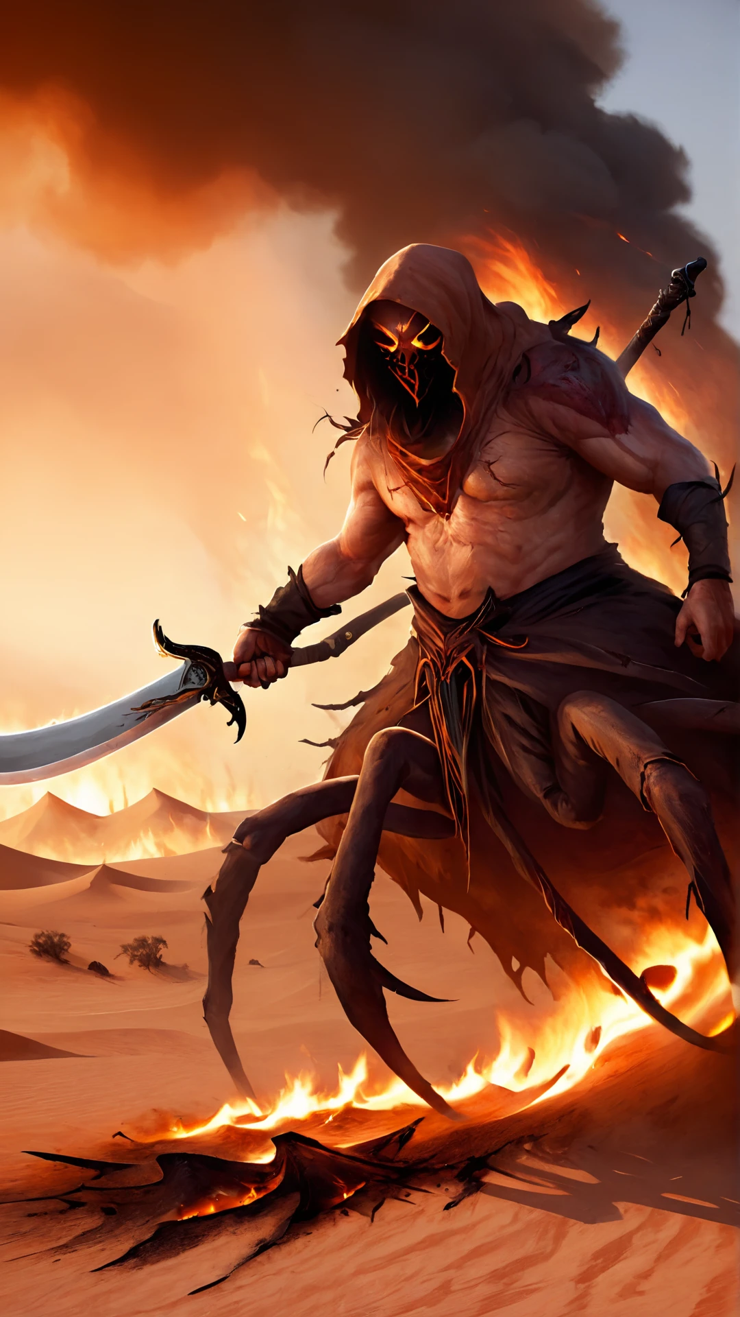 <lora:4r4chn1dXL:0.9>4r4chn1d, digital art, arachnid character, man, holding a Cutlass, in burning desert