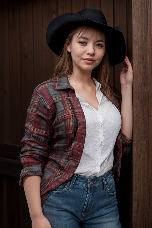 DEN_miyu_kiyoharaMK2,
(country beauty posing against a wooden fence with a plaid shirt and jeans and a cowboy hat, cow girl, country girl, cow girl:1.2),
bokeh, f1.4, 40mm, photorealistic, raw, 8k, textured skin, skin pores, intricate details <lora:epi_noiseoffset2:1>, epiCRealism <lora:ClothingAdjuster3:-1>