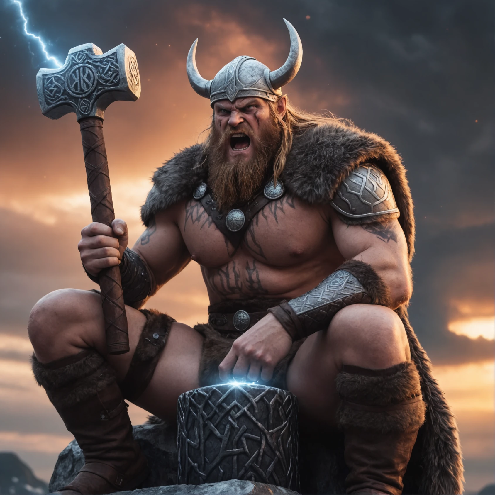 Closeup an angry viking holding Mjolnir, sitting near Yggdrasil, epic pose, epic light, glowing runes, epic sky, universe