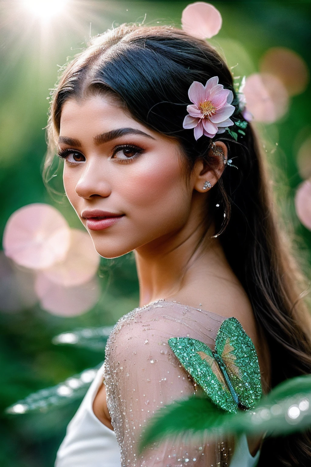 Zendaya_SoloTI_v1,
(In a playful ensemble of pastel-colored petals and leaves, with sparkling fairy dust adorning her hair and delicate wings shimmering in the sunlight, for a whimsical and innocent look), (Amidst a sunlit glade in the heart of an enchanted forest, where dewdrops glisten on emerald leaves and the laughter of woodland creatures fills the air, a sense of magic and mischief surrounds the fledgling fairy:1.3), (seductive:1.3),(analog, cinematic, film grain, hazy atmosphere, cinematic shot:1.3), 
 <lora:add_detail:0.6>,<lora:LowRa:0>, PA7_Portrait-MCU,