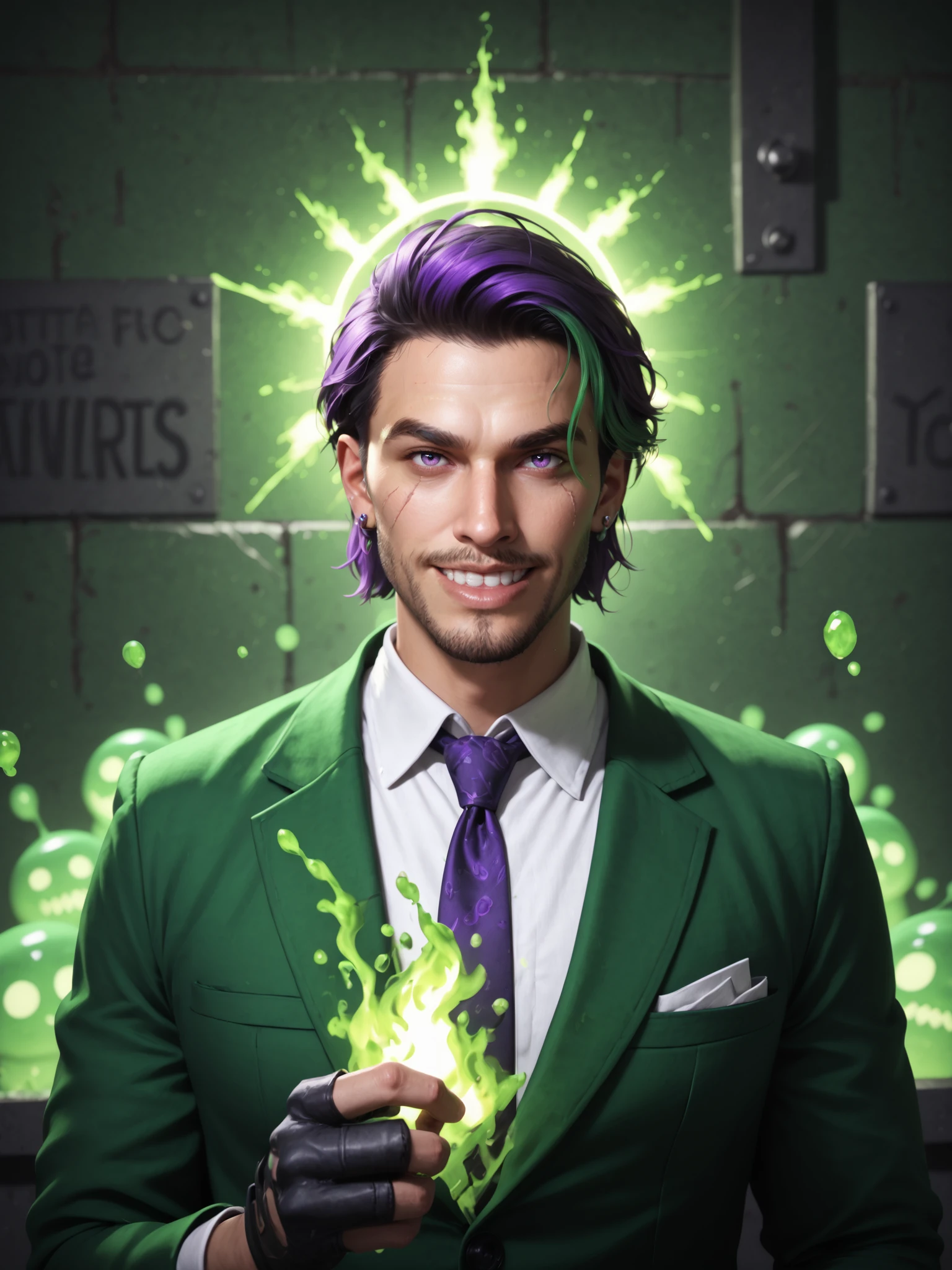 male focus, 1boy, facial hair, solo, beard, smile, gloves, green hair, two tone hair, multicolored hair, black hair, purple hair, white shirt, looking at viewer, black gloves, grin, jewelry, collared shirt, jacket, formal, mature male, necktie, purple eyes, necklace, depth of field, suit, prison clothes, upper body, scar, holding, fingerless gloves, earrings, white shirt, magic, green fire, flames, green theme, neon, green, slime tutorial, beetlejuice inspired, underworld vibes, realistic, liminal horror, slime (substance), sidelighting, neon halo wall projection, DynaPortrait_PDXL BREAK PonyXLV6_Scores