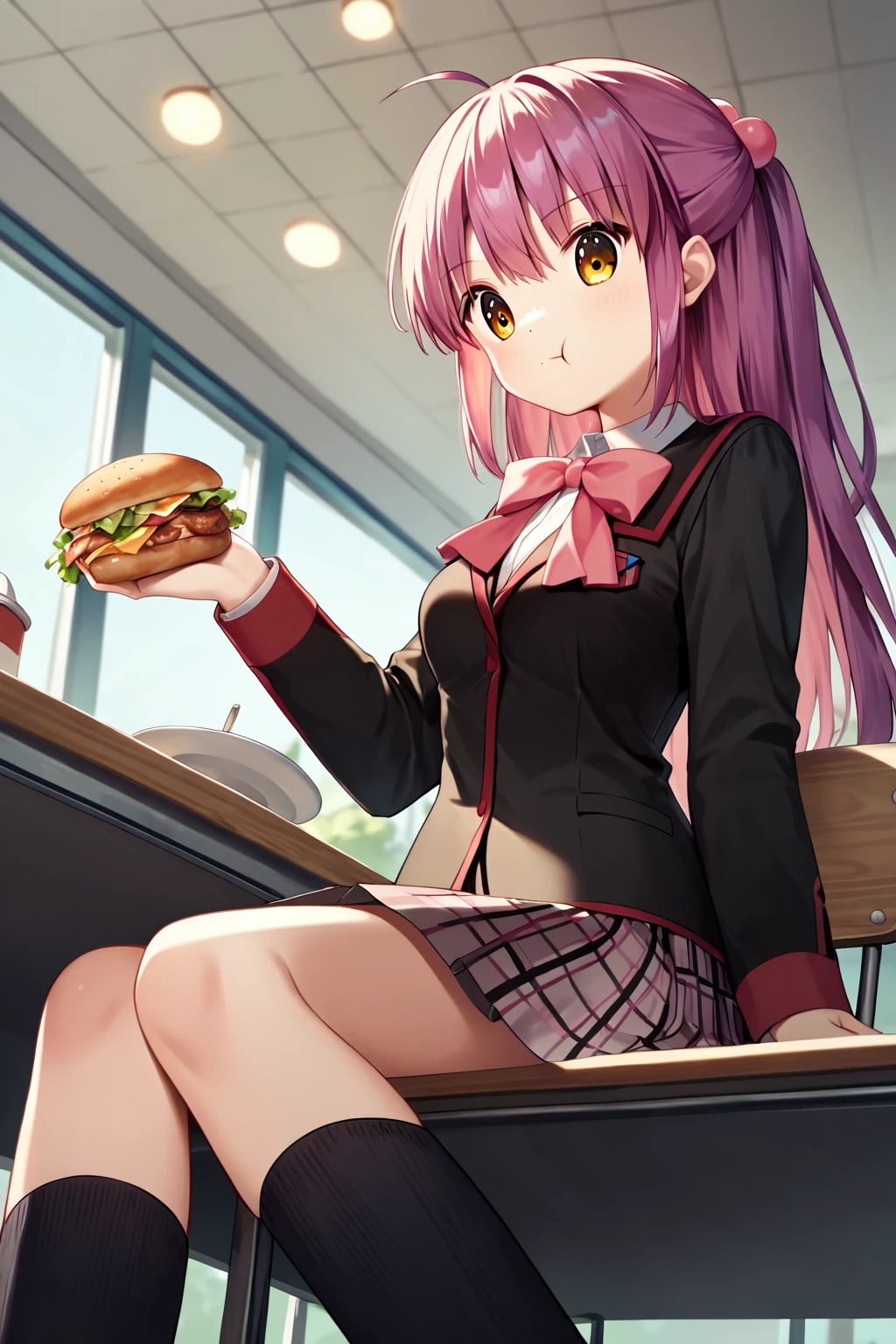 score_9, score_8_up, score_7_up, score_6_up, rating_safe, source_anime, best quality, masterpiece, detailed background, detailed eyes, school cafeteria, sitting, eating hamburger, from below view, <lora:futaki-kanata-xl-06:0.9>, futaki kanata, yellow eyes, medium breasts, small ahoge, black and red school uniform with pink bow, pleated grey plaid skirt, black kneehighs,