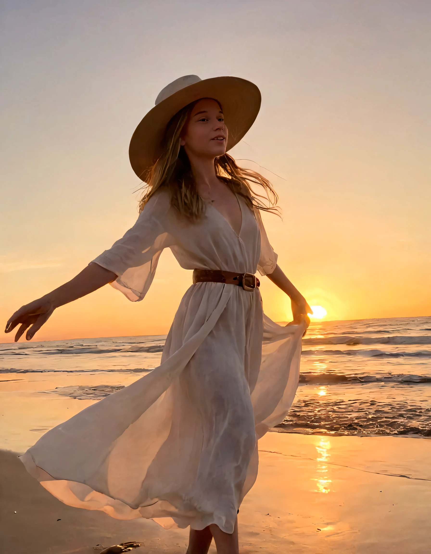 Camille Smith, alone yet full of life, chose to capture a breathtakingly spontaneous moment at sunset on a serene beach, her solo presence enhanced by the soft flow of her dress, woven belt and wide-brimmed hat all embracing the golden rays of nature's canvas as she effortlessly posed with graceful arms stretched wide, perfectly encapsulating freedom, solitude and beauty in one singular moment. <lora:vrwows18f90657046l6da:1>