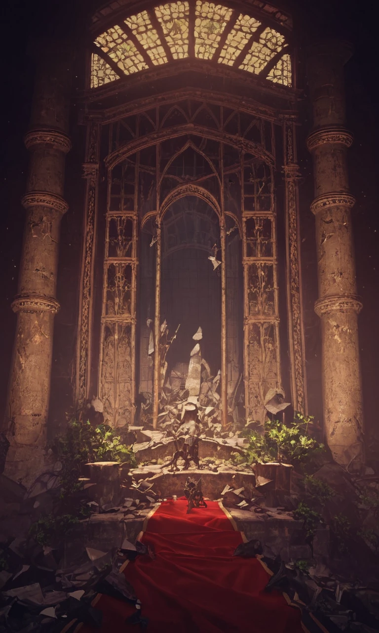 score_9, score_8_up, score_7_up, score_6_up, score_5_up, score_4_up, nierscene, scenery, sharp, detailed, cathedral, broken glass, shattered rocks, moss, overgrown, old, cinematic, throne,  