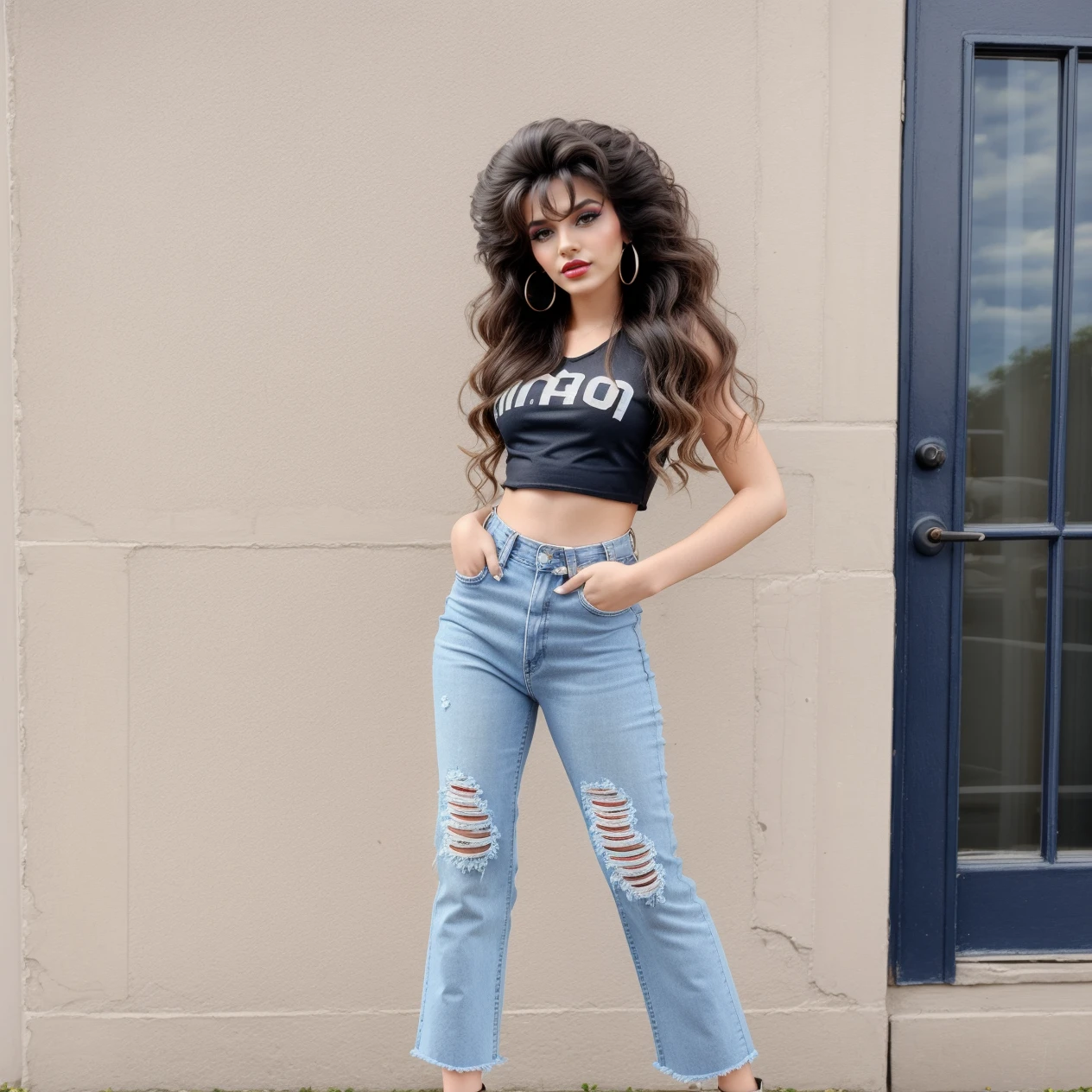 hud_am, 1girl, long big hair, makeup, lipstick, crop top, torn denim jeans, high heels, 1980s \(style\), realistic, <lora:anamoll:0.75>,