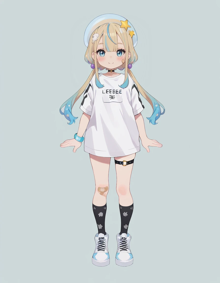score_9, score_8_up, score_7_up, BREAK ,rating_explicit,
jeleechan, 1girl, bandaid on leg, bandaid, solo, twintails, shirt, multicolored hair, smile, blue hair, hat, blue eyes, bandaid on arm, bandaid on knee, shoes, white shirt, white background, simple background, full body, socks, white footwear, low twintails, hair ornament, long hair, closed mouth, black socks, jewelry, standing, bangs, short sleeves, blush, virtual youtuber, bracelet, beret, white headwear, looking at viewer, choker, star (symbol), star hair ornament, blonde hair, thigh strap, sneakers, sidelocks <lora:jelee-chan CAME:1>