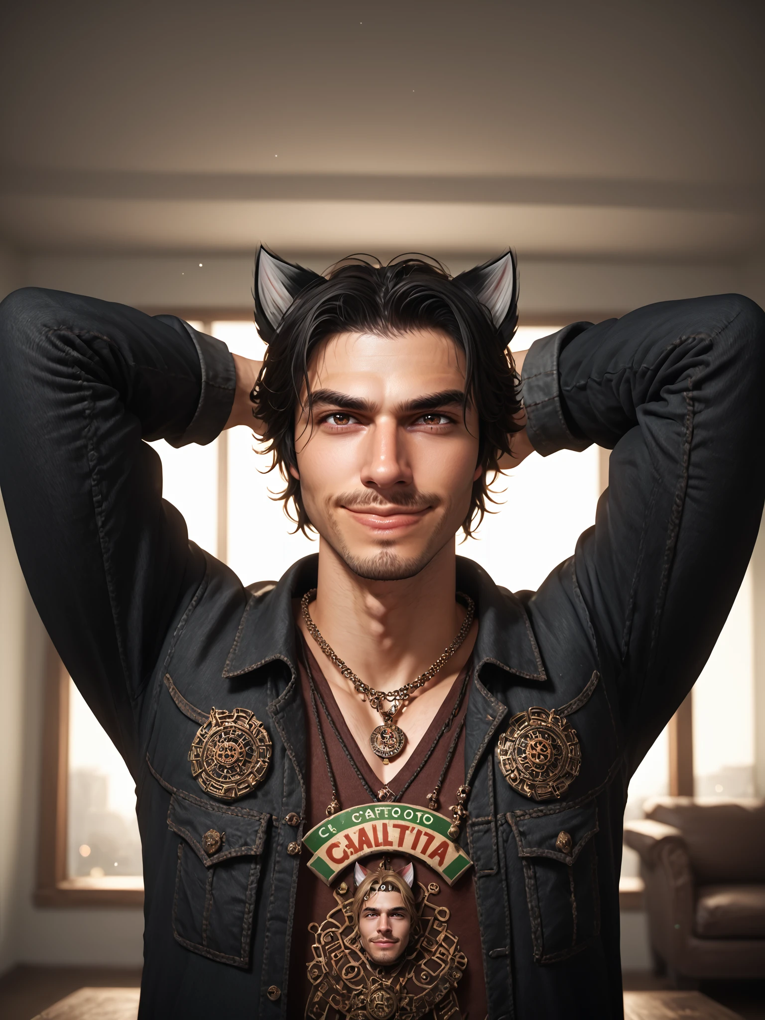 Liam David Kilkenny, solo, black hair, 1boy, animal ears, brown eyes, black jacket, jewelry, Hands behind head, closed mouth, male focus, cat ears, pizza shaped necklace, facial hair, smirk, indoors, dad vibes, celtic features, irish heritage, PonyXLV6_Scores, DynaPortrait_PDXL, <lora:Liam_David_Kilkenny:0.65>