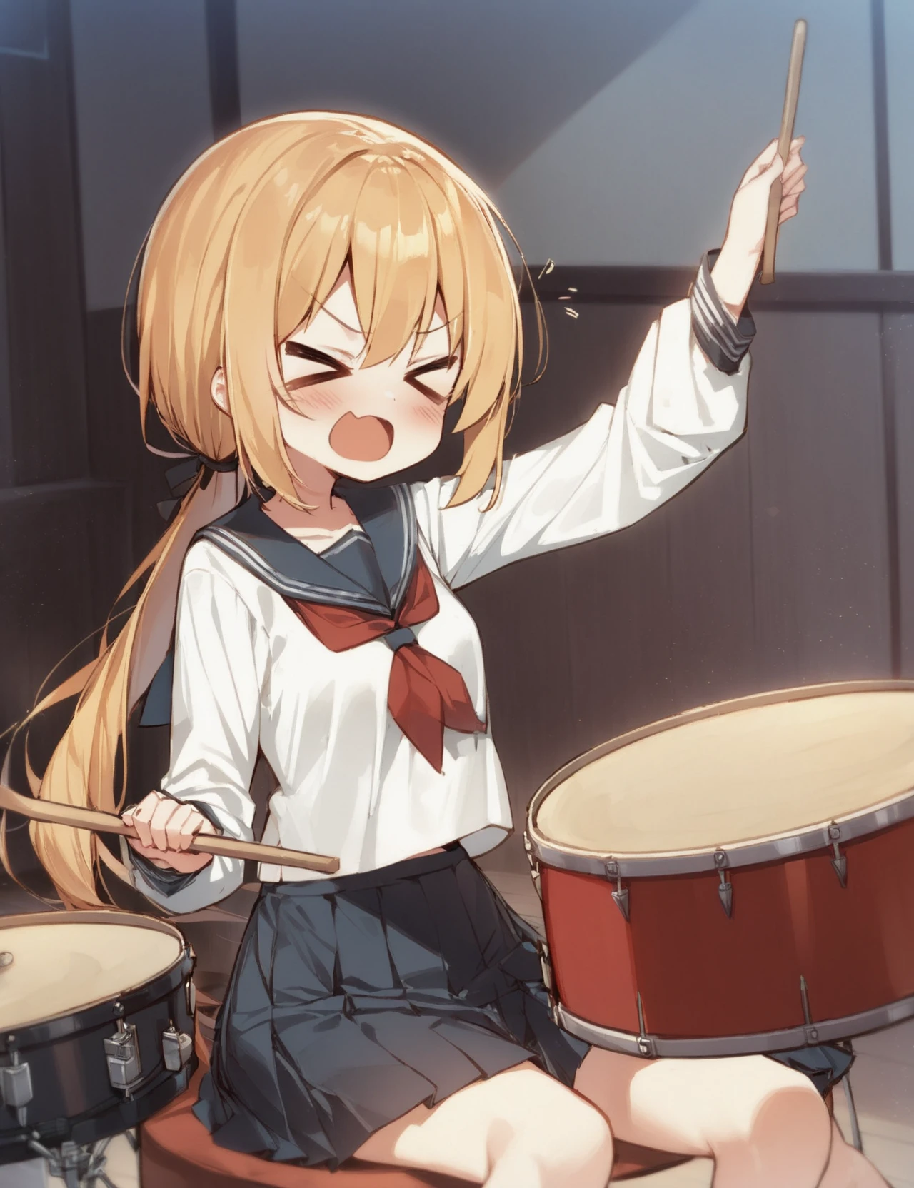 1 girl, rimochan, low ponytail, long hair, drumming, indoors, serafuku, skirt,  >_<, happy, long sleeves, holding stick
<lora:rimochan_v2_xl:0.85>