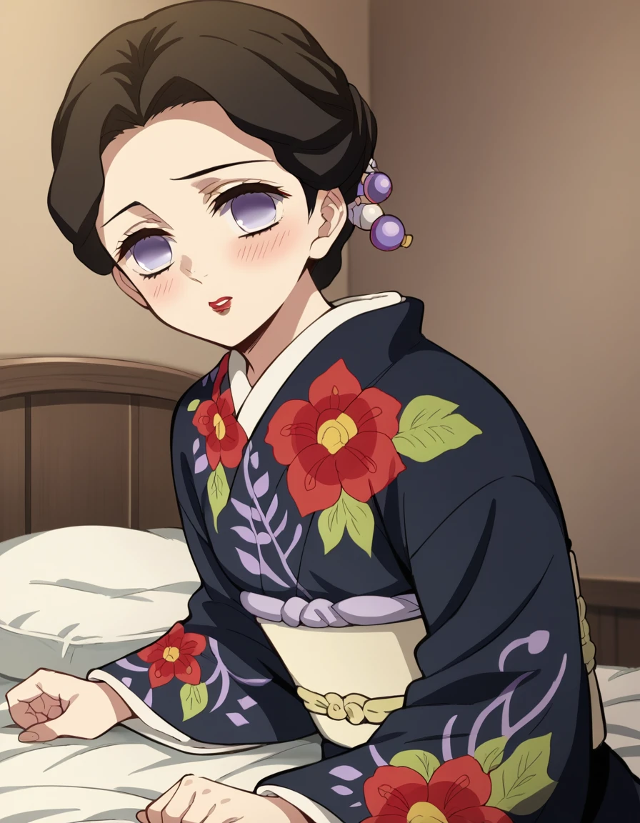 score_9, score_8_up, score_7_up, source_anime,
knytamayo, <lora:kny-tamayo-anime-ponyxl-lora-nochekaiser:1>,
tamayo, black hair, hair ornament, purple eyes, empty eyes, short hair, makeup, lipstick, red lips,
long sleeves, flower, japanese clothes, wide sleeves, kimono, sash, obi, floral print, print kimono, black kimono,
indoors, bed, bed room, on side, blush, drunk,
solo, looking at viewer, cowboy shot, dutch angle,