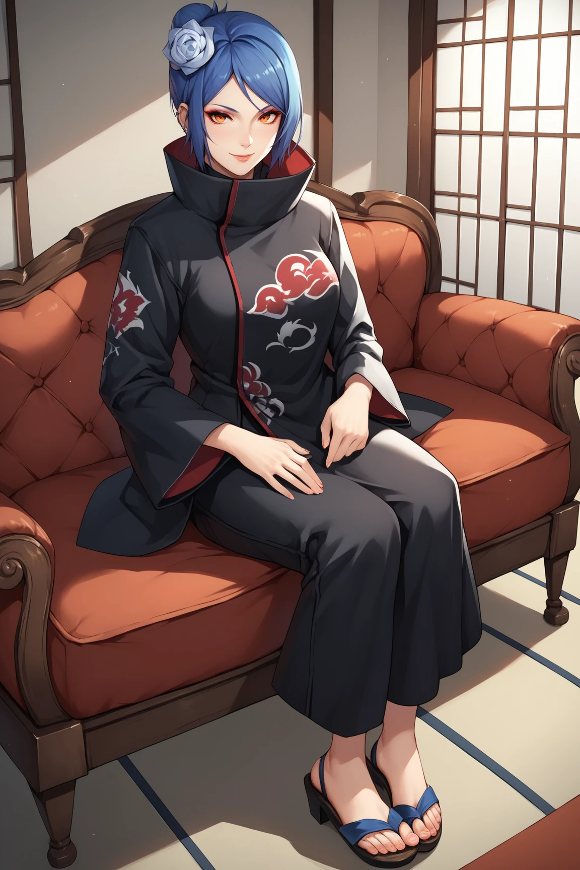 score_9, score_8_up, score_7_up, score_6_up, score_5_up, score_4_up, KonanNSHXL, makeup, orange eyes, blue hair, short hair, single hair bun, hair flower, piercing, medium breasts, high collar, black coat, coat with cloud print, long sleeves, pants, sandals, sitting, seductive smile, looking at viewer, indoors <lora:KonanNSHXL:0.7>