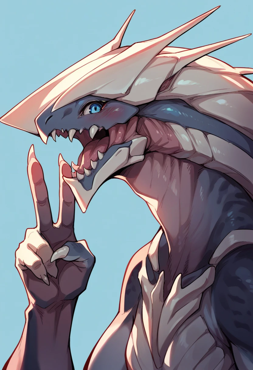 score_9, score_8_up, score_8, source_anime, 1girl, source_furry, source_monster, <lora:Khanivore:0.75> solo, monster, blue eyes, looking at viewer, view from side, upper body, blush, v sign, 
light blue background, simple background,