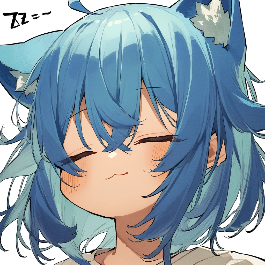 <lora:mki-ani31-potg-v1-000050:1>,1girl,
solo,blue hair,blush,virtual youtuber,hair between eyes,cat girl,portrait,zzz,ahoge,cat ears,:3,white background,head only,closed eyes,sidelocks,sleeping,animal ears,closed mouth,medium hair,animal ear fluff,smile,simple background,
masterpiece,best quality,safe,
