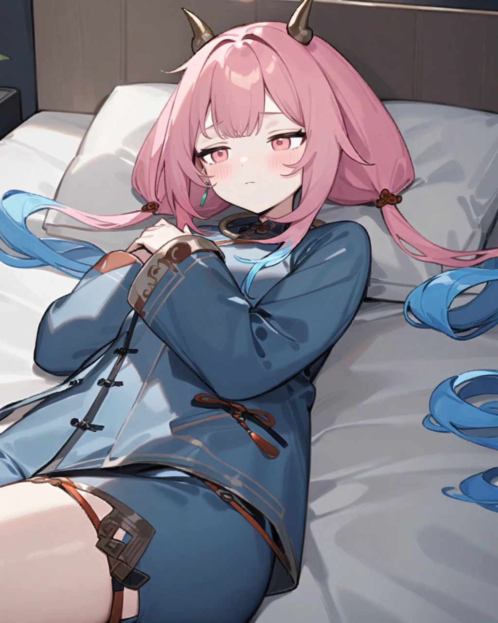 masterpiece,best quality,bedroom,lying on bed,on back,blue pajamas,expressionless,blush,looking away,
<lora:jinlang_xl:0.9>,jinglang,1girl,solo,horns,pink hair,pink eyes,multicolored hair,blue hair,twintails,long hair,jewelry,gradient hair,round eyewear,earrings,