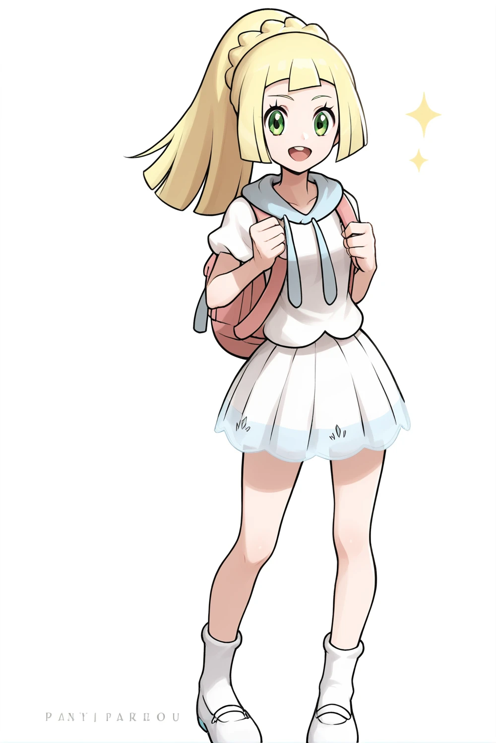 Score_9, Score_8_up, score_7_up, score_6_up, solo, 1girl, 1lillie1, blonde hair, green eyes, long hair, 4ponytail4, ponytail, white shirt, white skirt, pink backpack, happy, standing, holding straps, looking at viewer, white background, white socks, white footwear, full body<lora:EMS-376737-EMS:1.000000>