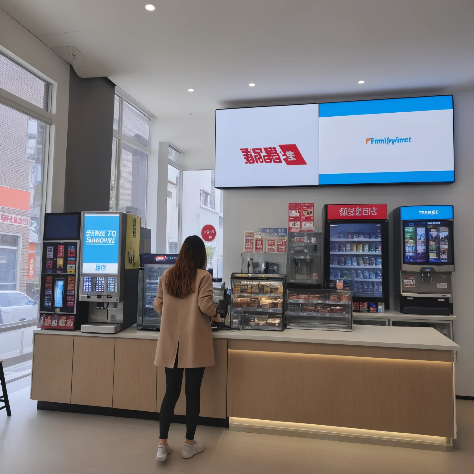 <lora:JJsConvienceStore_XL:1>, ((Convience Store)), , ((masterpiece)), ((best quality)),  real world location, realistic, high detailed,  (indoors) , 1girl,  counter, cash machine, window, table, stool, rank, monitor, screen, vending machine, banner,