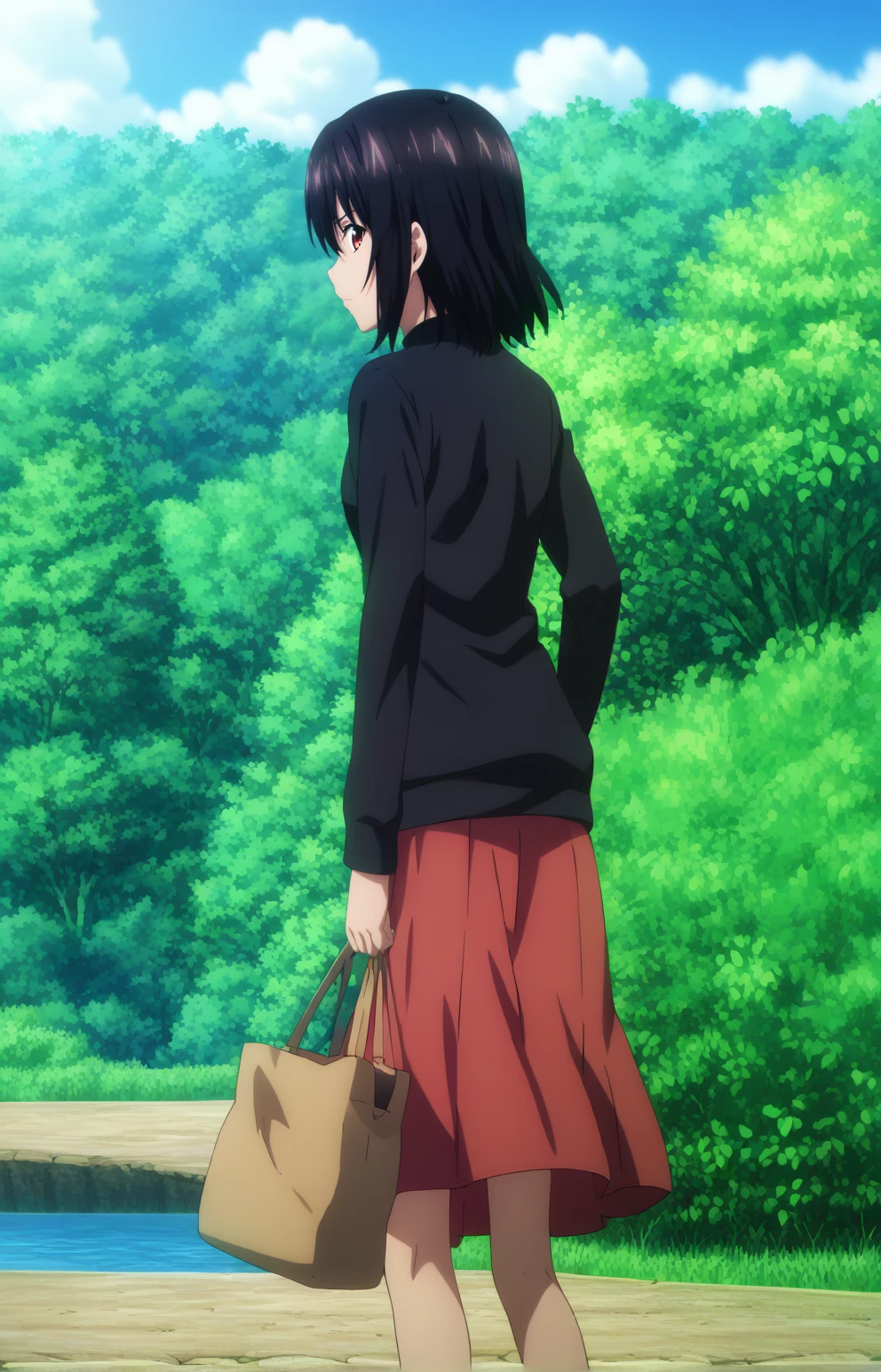 score_7_up, BREAK source_anime, HYukinaV4XL, anime coloring, 1girl, solo, looking back, (black sweater, short red skirt, long sleeves), medium hair, holding bag, standing, from behind, outdoors, bridge, water, day, clouds, sunbeam, <lora:HYukinaV4XL:0.85>