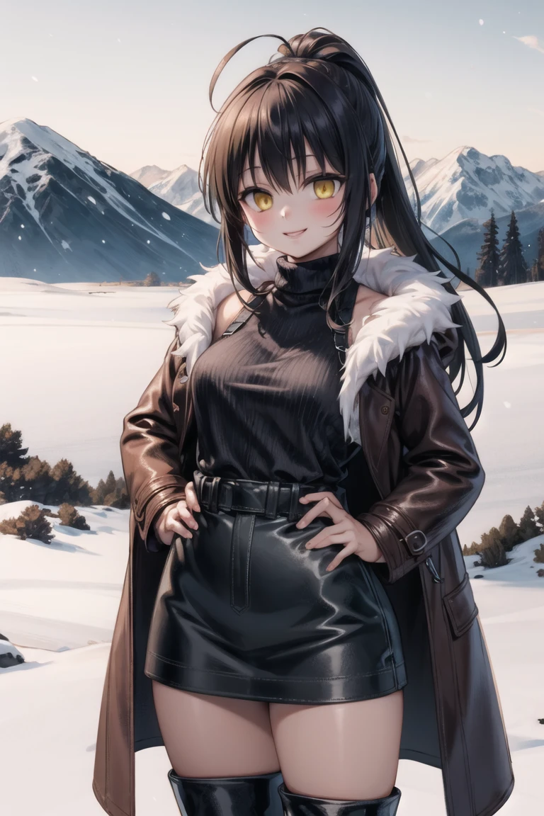 (masterpiece, best quality, beautiful and aesthetic:1.2), 1girl, solo,(soft skin:1.1),standing, cowboy shot,(detailed background), outside, snowstorm in the ice mountains, at dawn, winter clothes, (long overall coat:1.3), turtleneck sweater, (miniskirt:1.3), (long fur leggings:1.3),  (long leather boots:1.3), charming pose, seductive, smiling, yellow eyes, black hair, ponytail, ahoge,
<lora:nyamota-10v3:0.7:lbw=ALL>