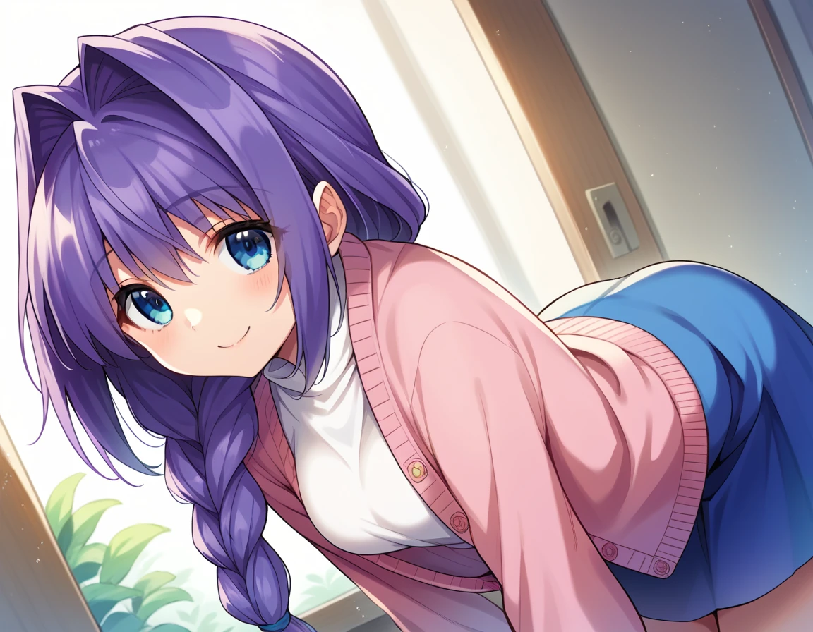 score_9, score_8_up, score_7_up, source_anime,
akikominase, <lora:akiko-minase-ponyxl-lora-nochekaiser:1>,
akiko minase, braid, braided ponytail, hair intakes, hair over shoulder, long hair, single braid, purple hair, blue eyes,
cardigan, long sleeves, pink cardigan, long sleeves, turtleneck, shirt, white shirt, skirt, blue skirt,
indoors, bent over, smile,
solo, looking at viewer, cowboy shot, dutch angle,