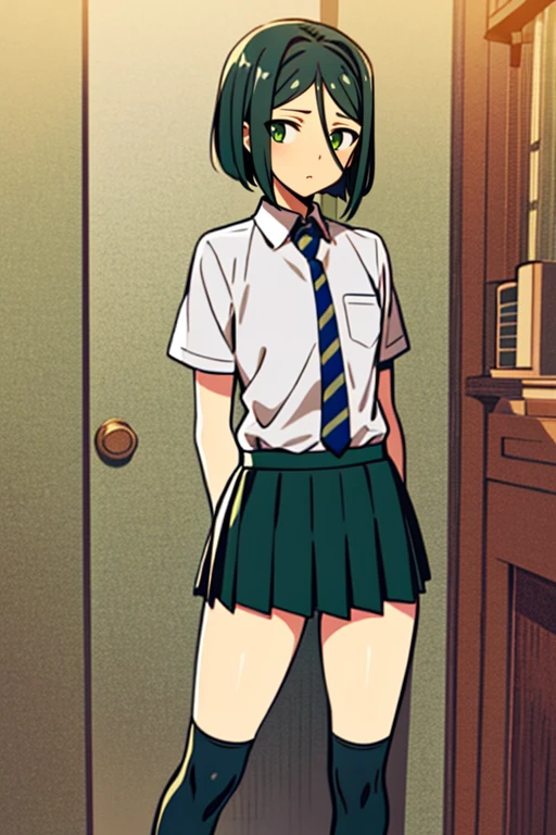 masterpiece,
solo, front view,
1girl, standing, looking_at_viewer,
<lora:woman_of_el-melloi_v3:1>, woem, waver velvet, bangs, black hair, bob cut, genderswap, genderswap (mtf), green eyes, short hair, parted bangs, school uniform, necktie, skirt, pleated skirt, shoes, socks, thighhighs, zettai ryouiki,