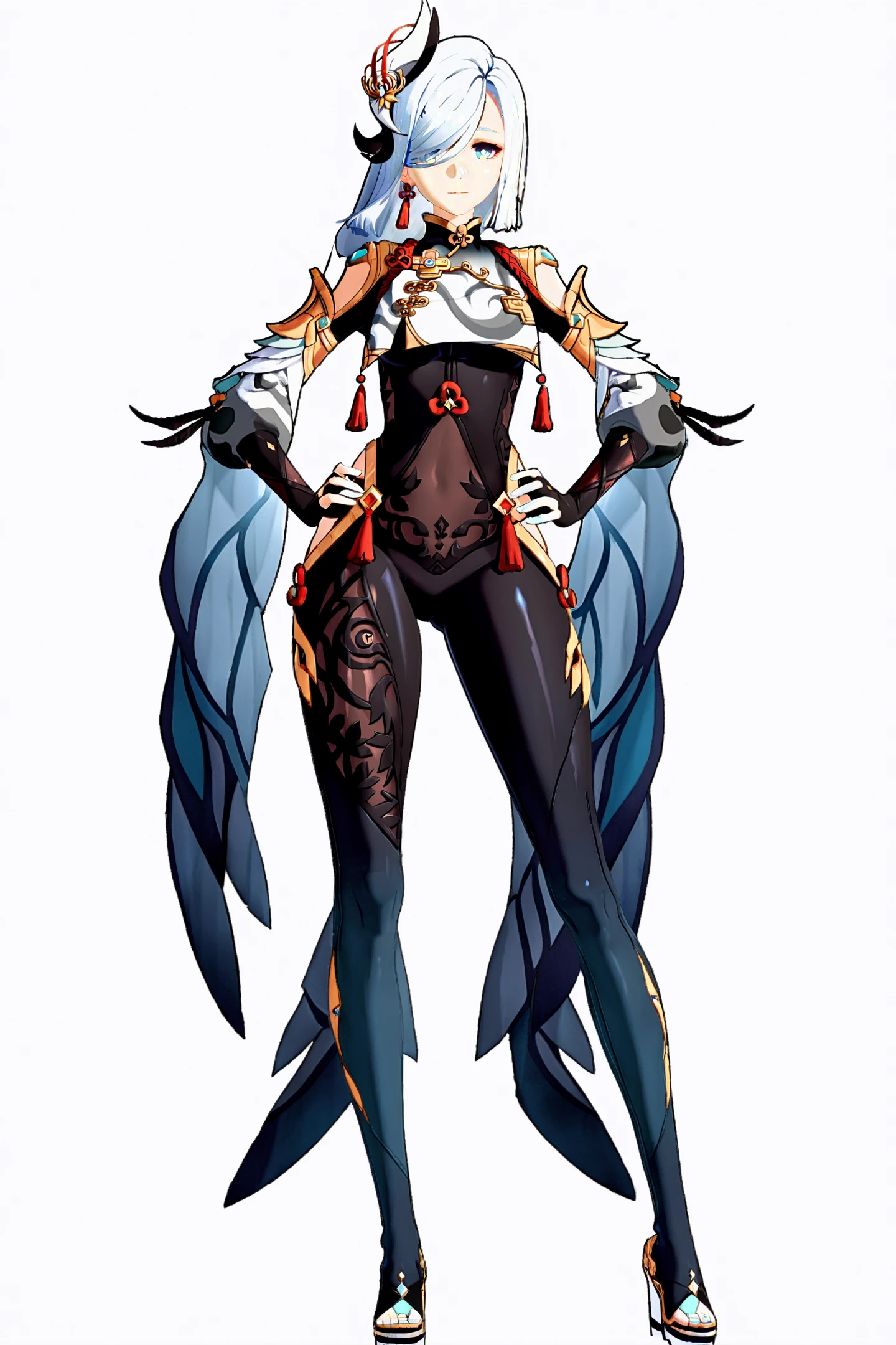 8k, best quality, masterpiece, (ultra-detailed:1.1), (high detailed skin),
(full body), white background, standing, looking at viewer, (solo), hand on hip,
<lora:ganshenxian-A3-Tanger-000010:0.8>, shenhe \(genshin impact\), Shenhe's def clothes, 1girl, long hair, hair over one eye, full body, looking at viewer, hair ornament, bodysuit, standing, blue eyes, hip vent,
(white background, simple background),
(beautiful_face), ((intricate_detail)), clear face,
((finely_detailed)), fine_fabric_emphasis,
((glossy)), full_shot,