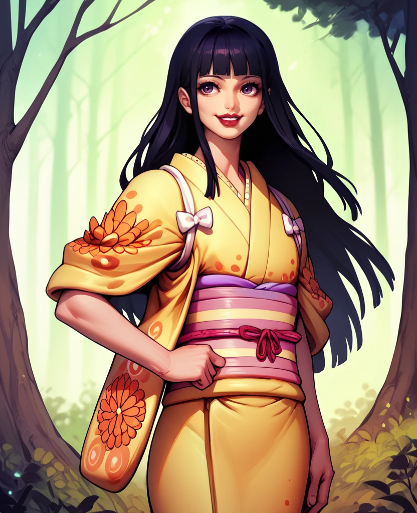 score_9,score_8_up,score_7_up,score_6_up,kikunojoxl,black hair,bangs,kimono,forest,long hair,lipstick,short sleeves,purple eyes,happy,
evening,scabbard,cowboy shot,standing,
<lora:kikunojoxl:1>,