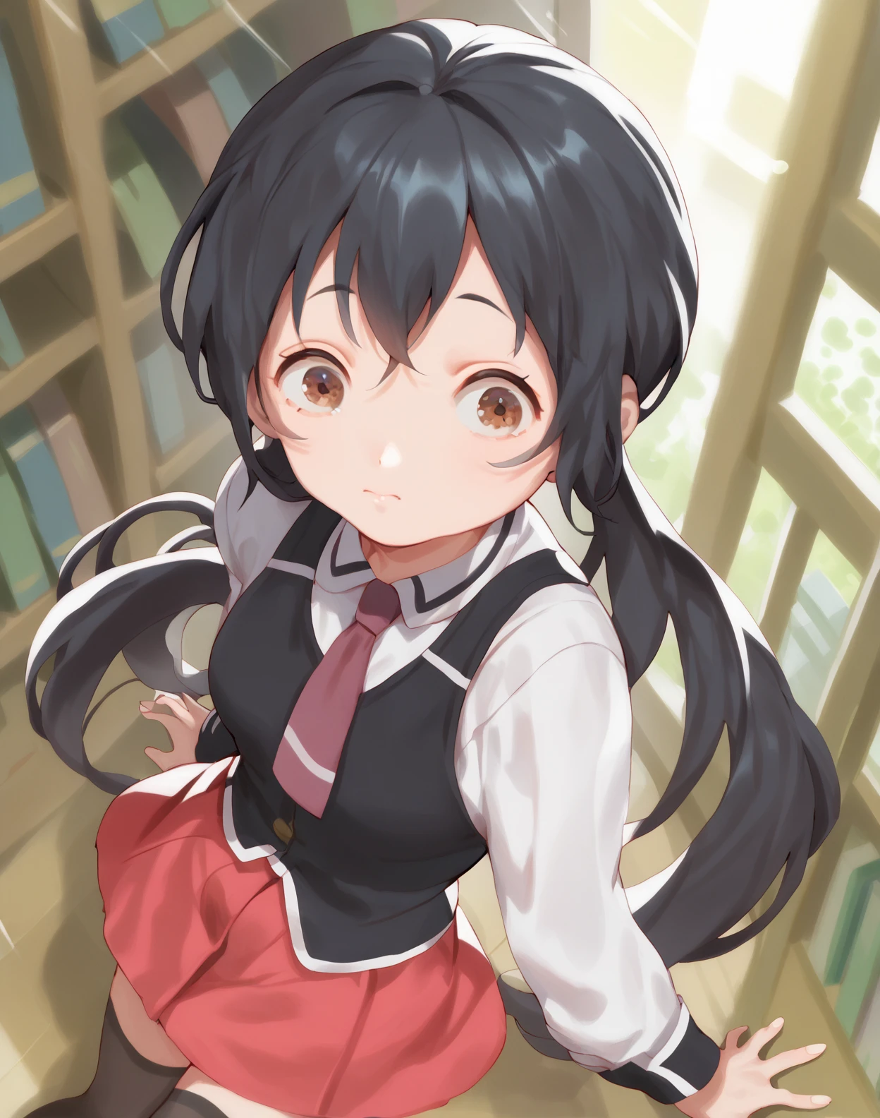 score_9, score_8_up, score_7_up,score_6_up, 1girl ,in a library, from above, sunlight,
<lora:villainchin_style_pony6_v1-000034:.9> <lora:hanako-honda-s1-ponyxl-lora-nochekaiser:0.6> hanako honda, long hair, black hair, twintails, brown eyes, low twintails, <lora:bible_black_uniform_xl_v3:1> school uniform, white shirt, black vest, black thighhighs, red skirt, red necktie