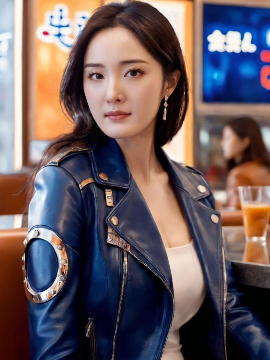 (yangmi woman:1.22),grin,fashion,high resolution,warm color palette
 45grin,1040grin,8k,45° photo painting of, greg rutkowski as a hyprealist dark blue cyborg in leather jacket, IHOP, study, vital scene painting, low detail, High Res, matis <lora:yangmi_XLL6e4_10:0.6>