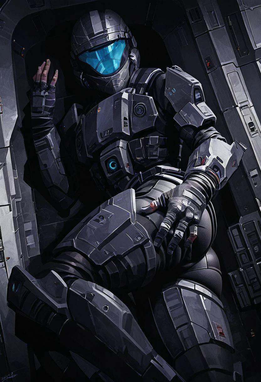 Score_9_up, score_8_up, score_7_up, 1girl, solo, ODST, armor, helmet, fingerless gloves, laying on side, grabbing own ass, blue visor, space ship interior,