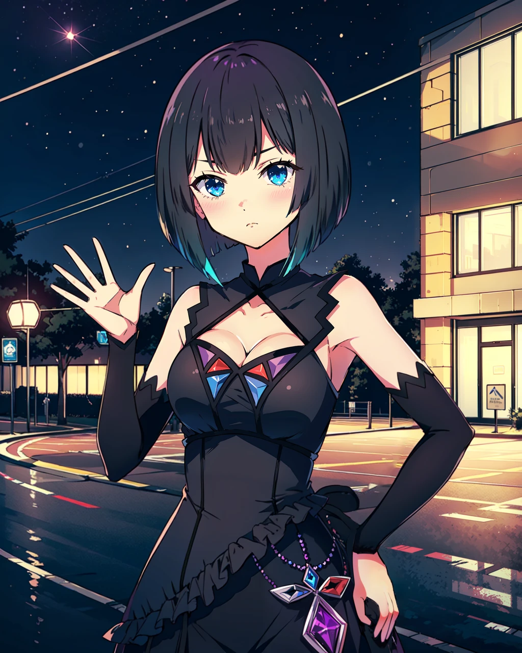 masterpiece, high quality, 1girl, mgrckirinosae, medium shot, upper body, detailed, blue eyes, black hair, long sleeveless black dress, long black detached sleeves, purple gem on belt, hand on hip, outdoors, city, street, night, sky, stars, dynamic pose, <lora:mgrckirinosae-07:0.8>