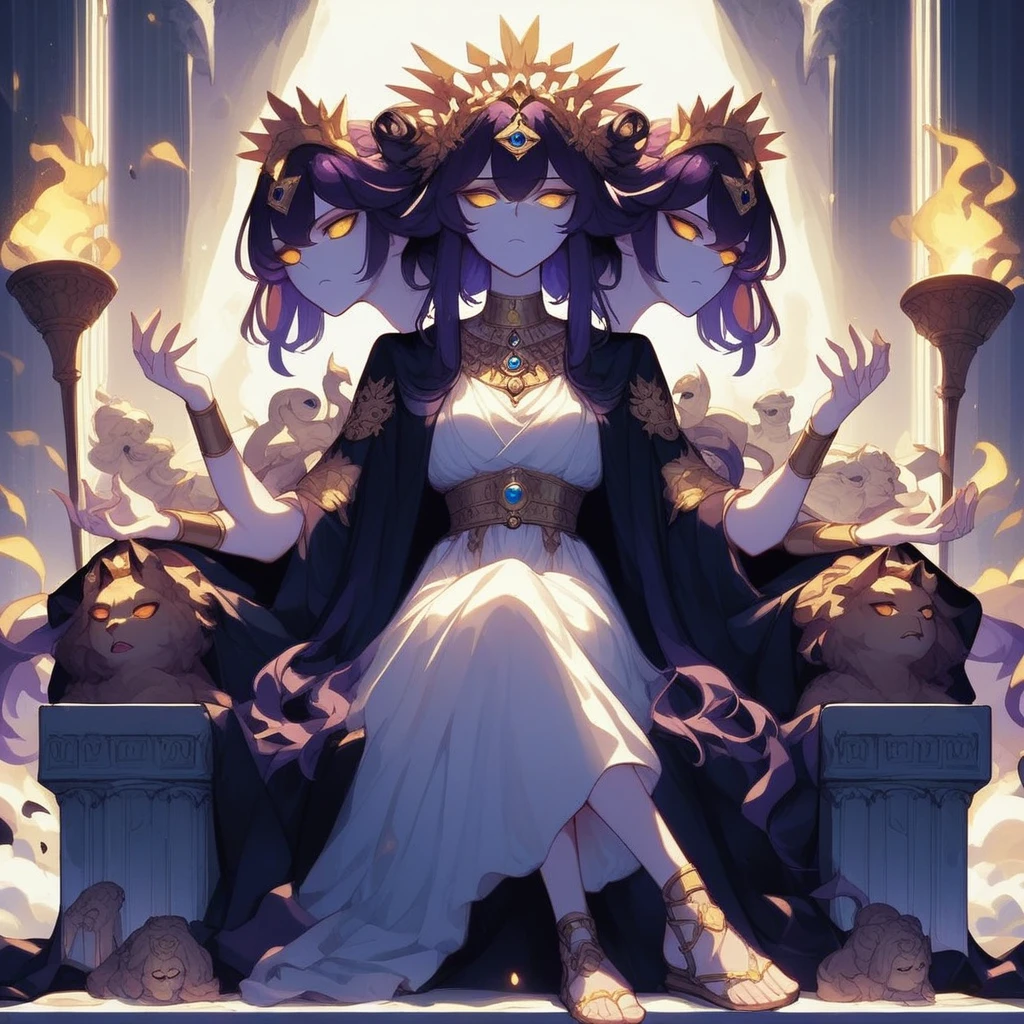 score_9, score_8_up, score_7_up, Hecate, greek goddess, dark robes, three heads attached to one body, sitting on a throne, smooth anime