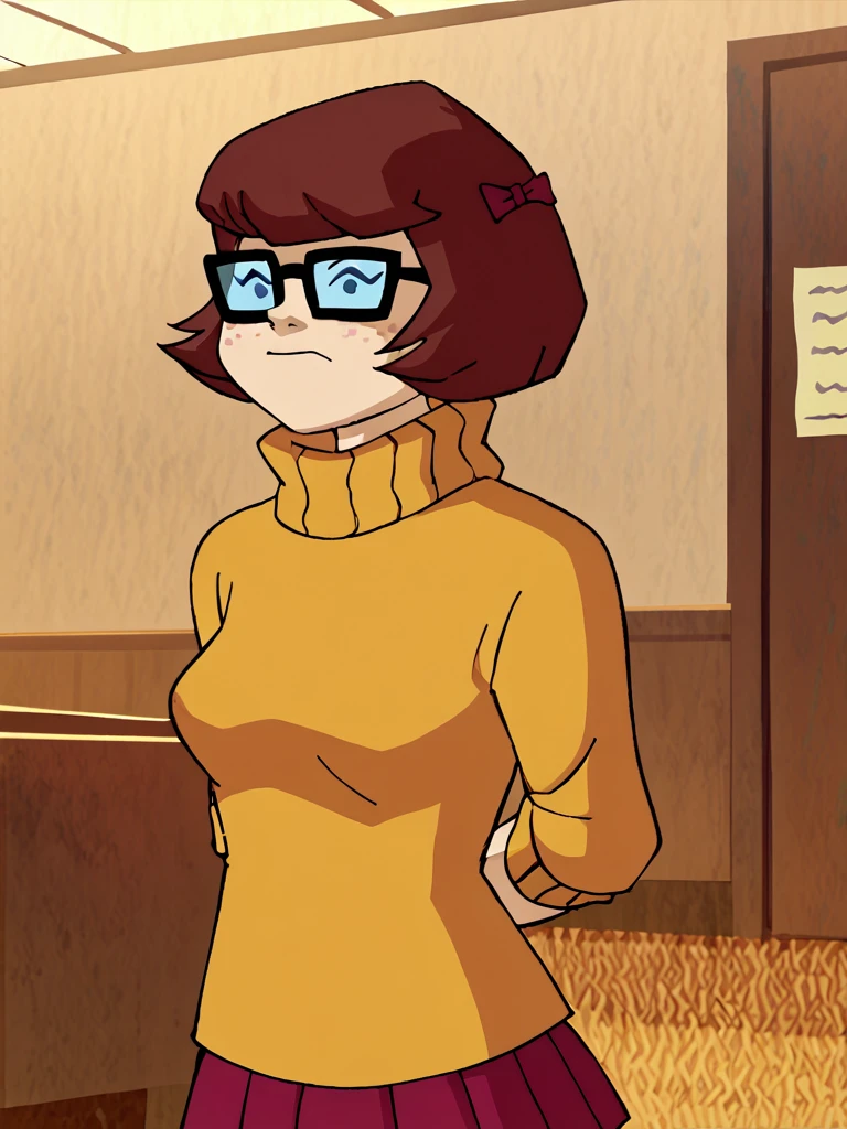 <lora:VelmaMysteryIPony1.0:1> velmad, 1girl, short hair, black eyes, orange turtleneck, black-framed eyewear, brown hair, solo, hair bow, red skirt,arms behind back, indoors,freckles,upper body, score_9, score_8_up, score_7_up, score_6_up, score_5_up, score_4_up, looking at viewer,