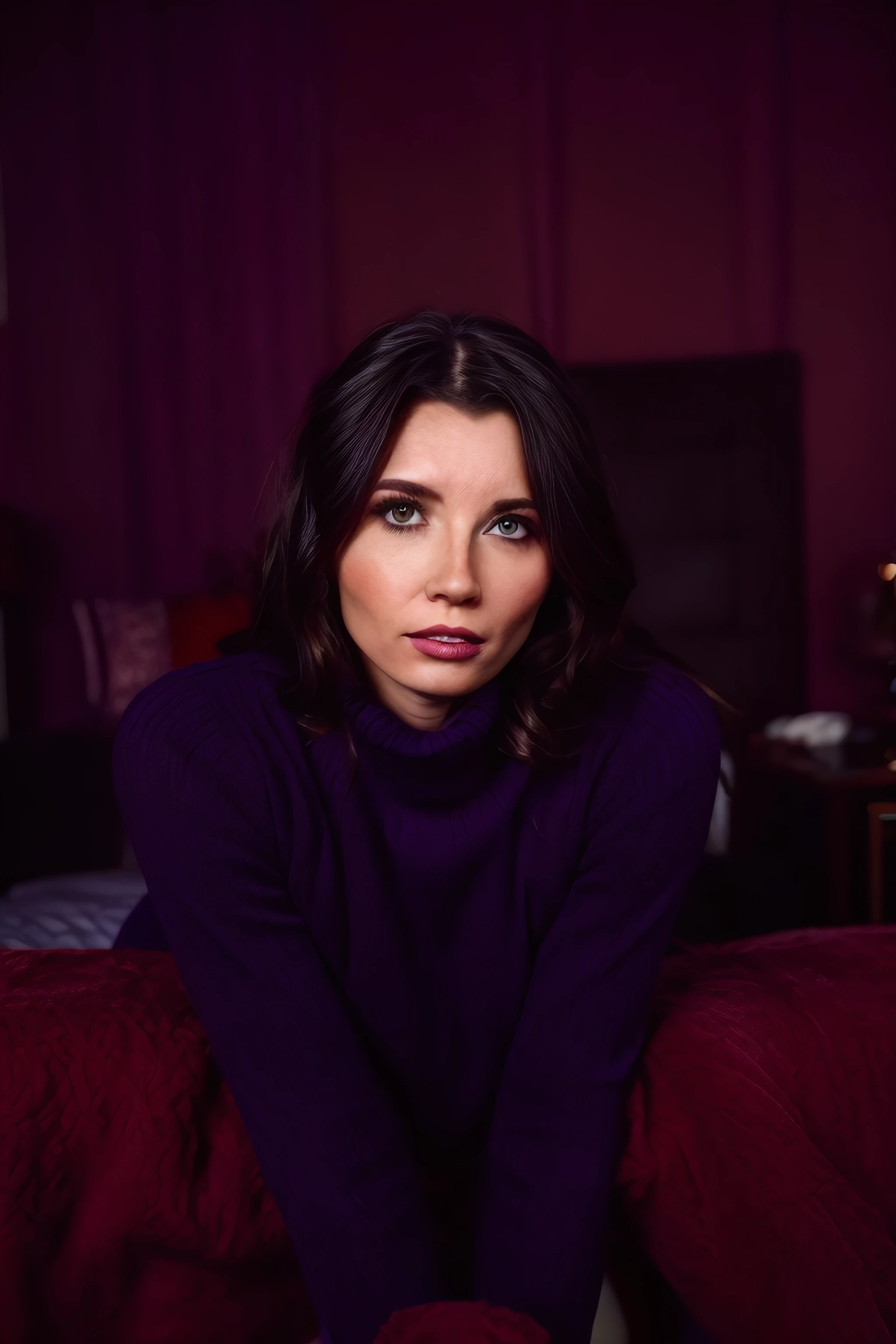 woulfeee, face features,  lips, makeup, solo, portrait, looking at viewer, bedroom, luxury, antique, velvet, miniskirt, knee socks, ((purple sweater)) masterpiece, best quality, ultra-detailed, ultra high res, pink lipstick, (photorealistic:1.4), raw photo, (realistic:0.2), 8k HDR, f1.4, 40mm, <likenesshelpbyshurik3>, ((((orange)))), photorealistic, raw, 8k, textured skin, skin pores, intricate details