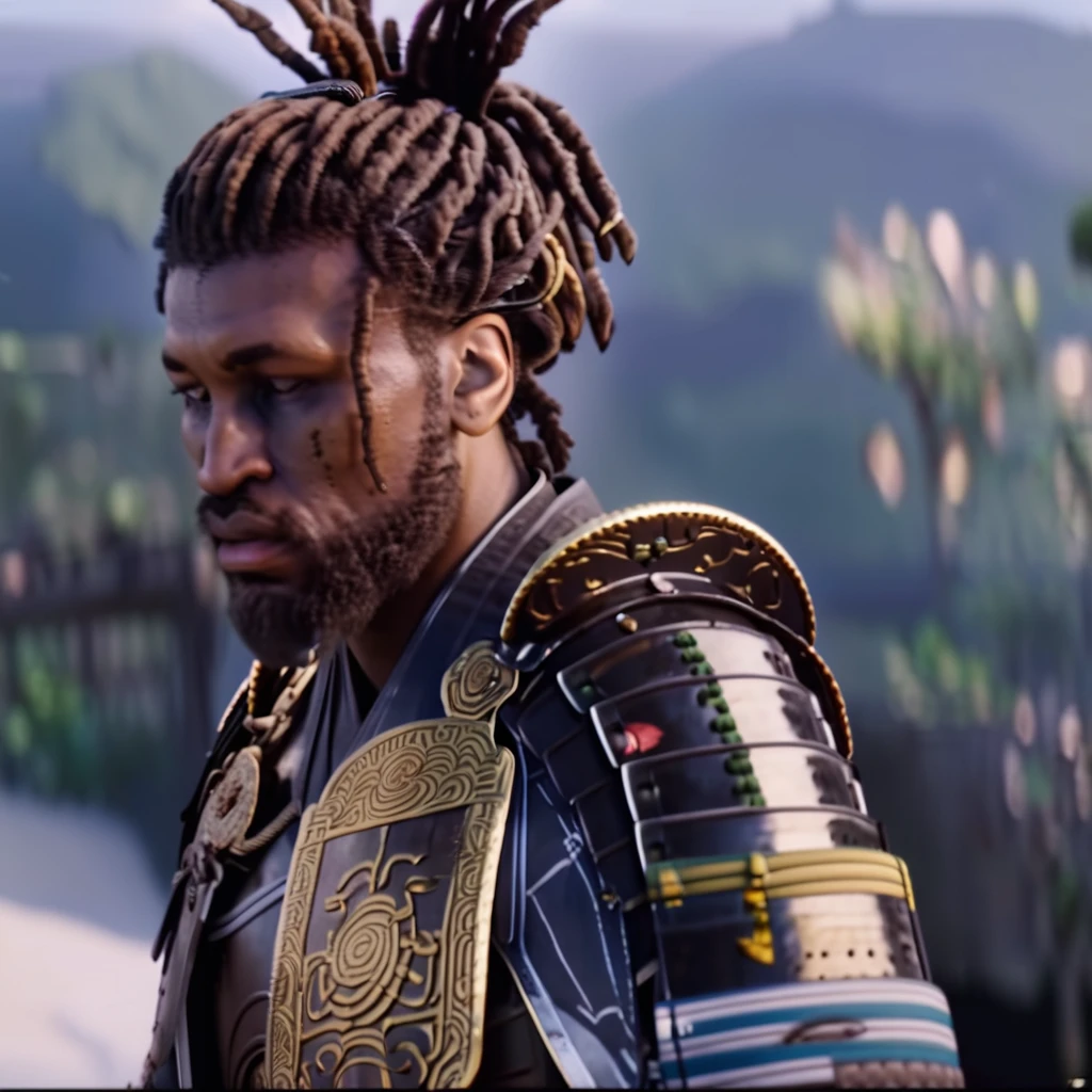 ,  <lora:acstyl_shadowcreedXL:0.9> acstyl style, hyper realistic video game <lora:riiahworldxl:0.8> rhwrld, dreads in a bun, black man, wearing samurai armor