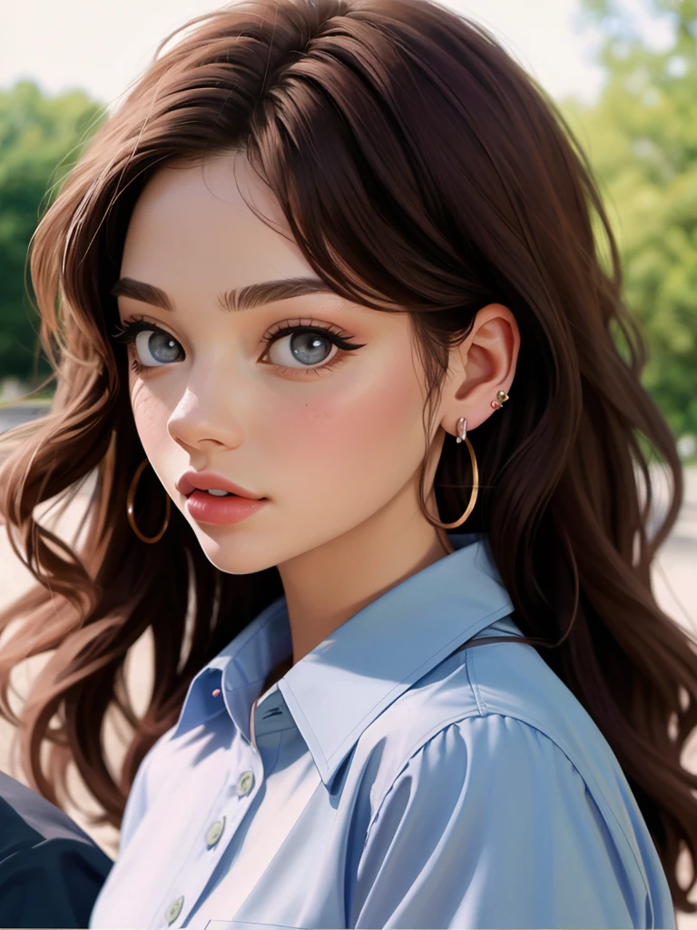 Realistic photo of a beautiful l1llyr43 woman,1girl, solo, long hair, looking at viewer, brown hair, shirt, jewelry, earrings, parted lips, collared shirt, blurry, lips, grey eyes, eyelashes, blurry background, blue shirt, portrait, realistic, looking at phone, professional Photography, Photorealistic, detailed, RAW, analog, sharp focus, high quality, film grain, masterpiece<lora:l1llyr43:1.0>