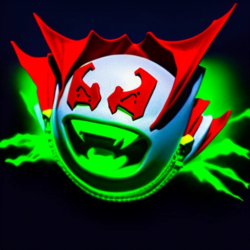 3d render style, muney23, spawn ghost, boo ghost, boo ghost dressed as spawn, red cape, glowing green eyes