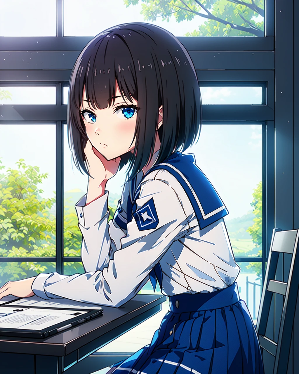 masterpiece, high quality, 1girl, mgrckirinosae, medium shot, upper body, detailed, blue eyes, black hair, white with blue shirt, blue bowtie, long sleeves, blue with white buttoned skirt, indoors, room, table, sitting, evening, side view, bored, looking at viewer, hand on cheek, <lora:mgrckirinosae-07:0.75>