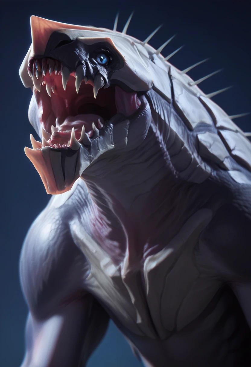 score_9, score_8_up, score_7_up, score_6_up, score_5_up, score_4_up, 1girl, <lora:Khanivore:0.9> solo, monster, blue eyes, sharp teeth, teeth, 
light blue background, simple background, realistic,