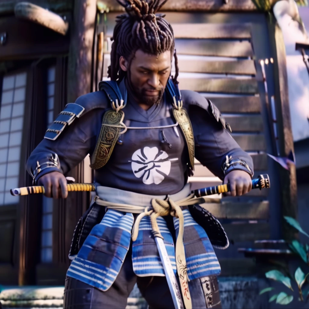 ,  <lora:acstyl_shadowcreedXL:0.9> acstyl style, hyper realistic video game <lora:riiahworldxl:0.8> rhwrld, dreads in a bun, black man, wearing samurai armor, standing on a teshu building, holding a katana, depth of field, grabbing womans breast