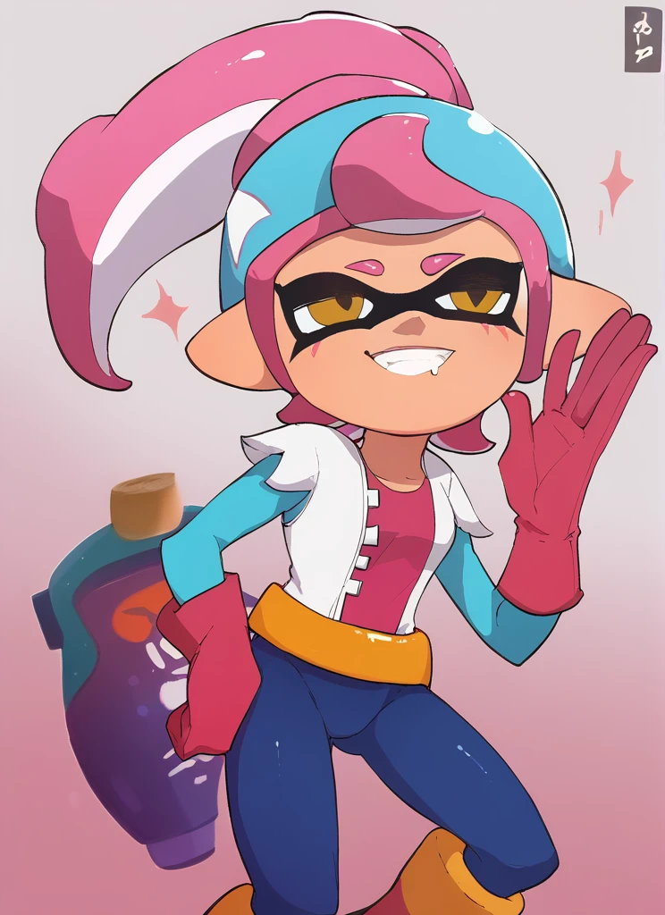 <lora:tukada_style:1>,tukada_style , by tukada , splatoon ,, score_9, score_8_up, score_7_up, BREAK, 1girl, YOUNG, <lora:brawlstars_janet_ponyXL:1.0> ,bsjanet, ponytail , helmet, multicolored clothes, blue leotard, long sleeves, red gloves, belt , SMILE ,