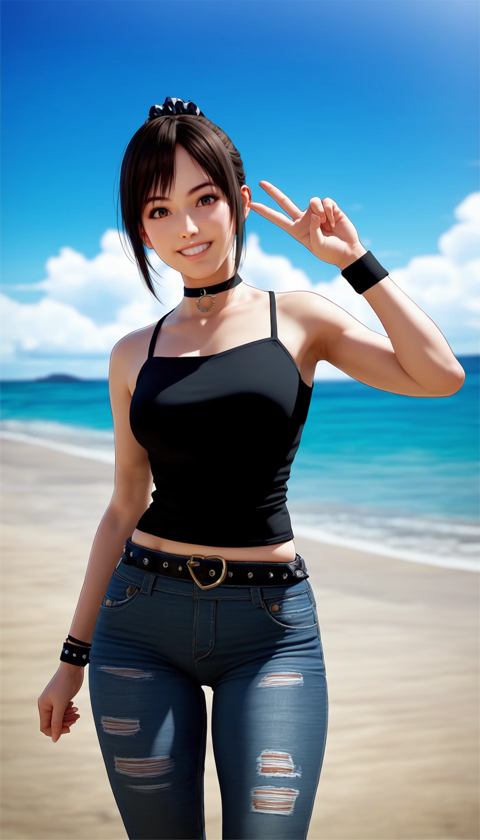 score_9,score_8_up,score_7_up,
<lora:miiyamotoHikari1512:0.6>,miiyamotohikari,1girl,solo,
black hair,ponytail,bangs,scrunchie,black scrunchie,brown eyes,
camisole,black camisole,jeans,tight clothing,belt,choker,jewelry,wristband,black wristband,
looking at viewer,smile,grin,
outdoors,sky,seaside,cloud,large bridge,distant mountains,clear blue sky,soft clouds drifting,summer,
vignetting,blurry background,
medium breasts,best hips,skindentation,
standing,(portrait:1.1),v,(face_focus:1.1),