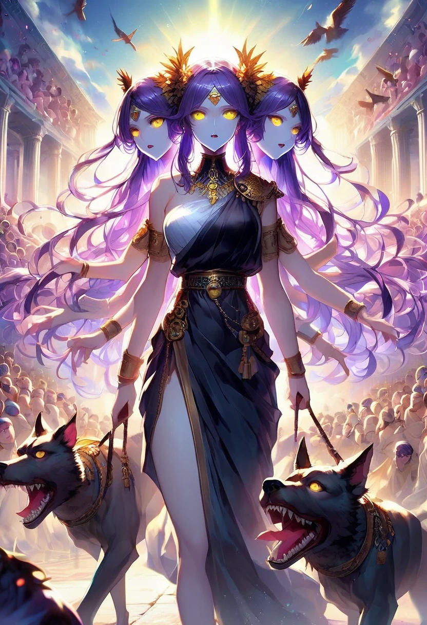 score_9, score_8_up, score_7_up, Hecate, Greek goddess, three heads, (yellow eyes), purple hair, wolves, undead army marching behind her, Greek colosseum