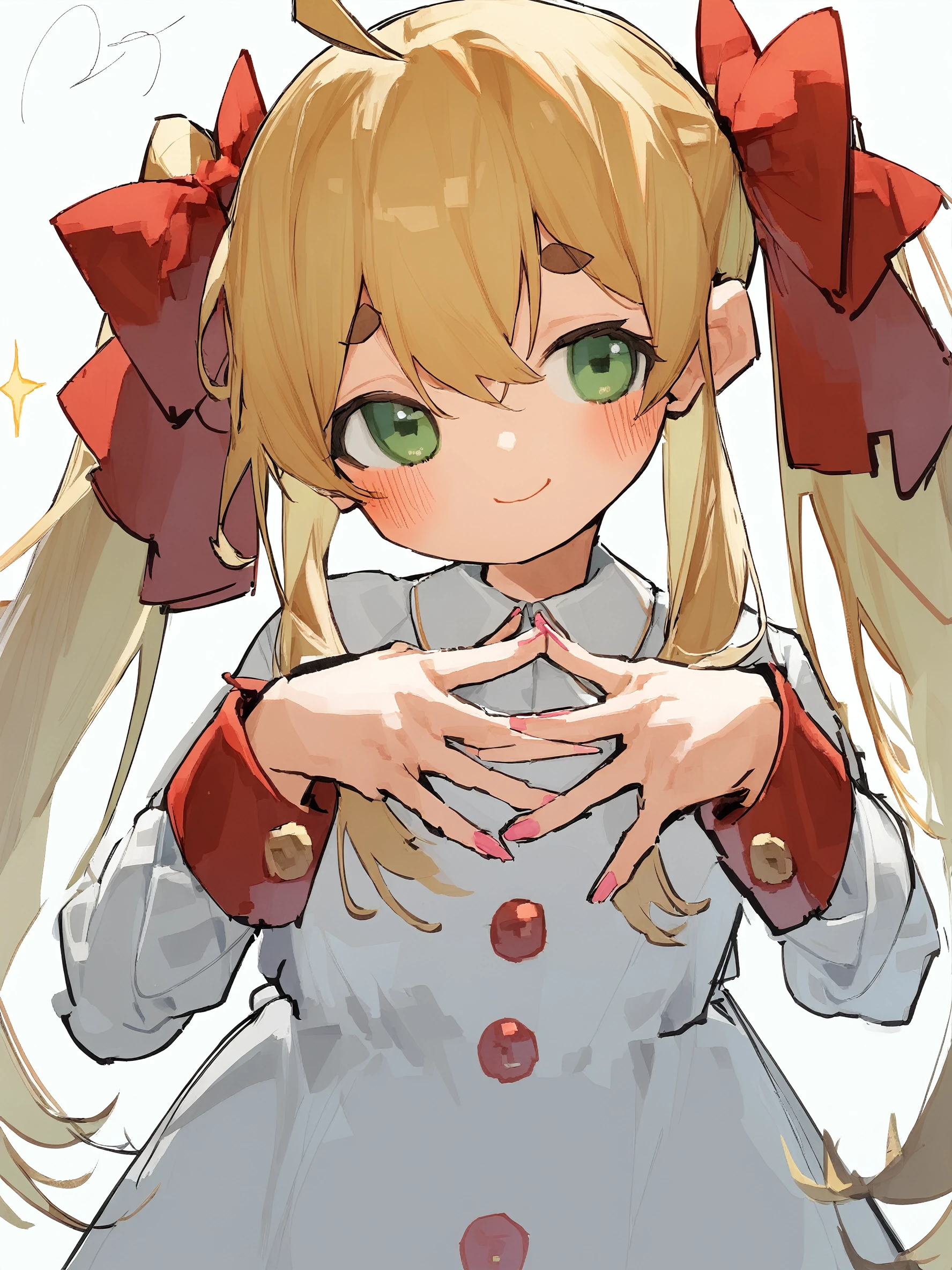1girl,
solo, looking at viewer, fingernails, sidelocks, cropped torso, head tilt, split mouth, hair bow, steepled fingers, twintails, dress, buttons, tareme, pink nails, smile, own hands together, collared dress, red bow, white bow, blonde hair, long sleeves, ahoge, white dress, dot nose, blush, thick eyebrows, green eyes, closed mouth, raised eyebrows, child, simple background, signature, upper body, bow, white background, sparkle, straight-on, short eyebrows, sketch, sleeve cuffs, hands up, long hair, hair between eyes,
masterpiece, best quality, safe
<lora:mki-ani31-potg-v1-000050:1>
