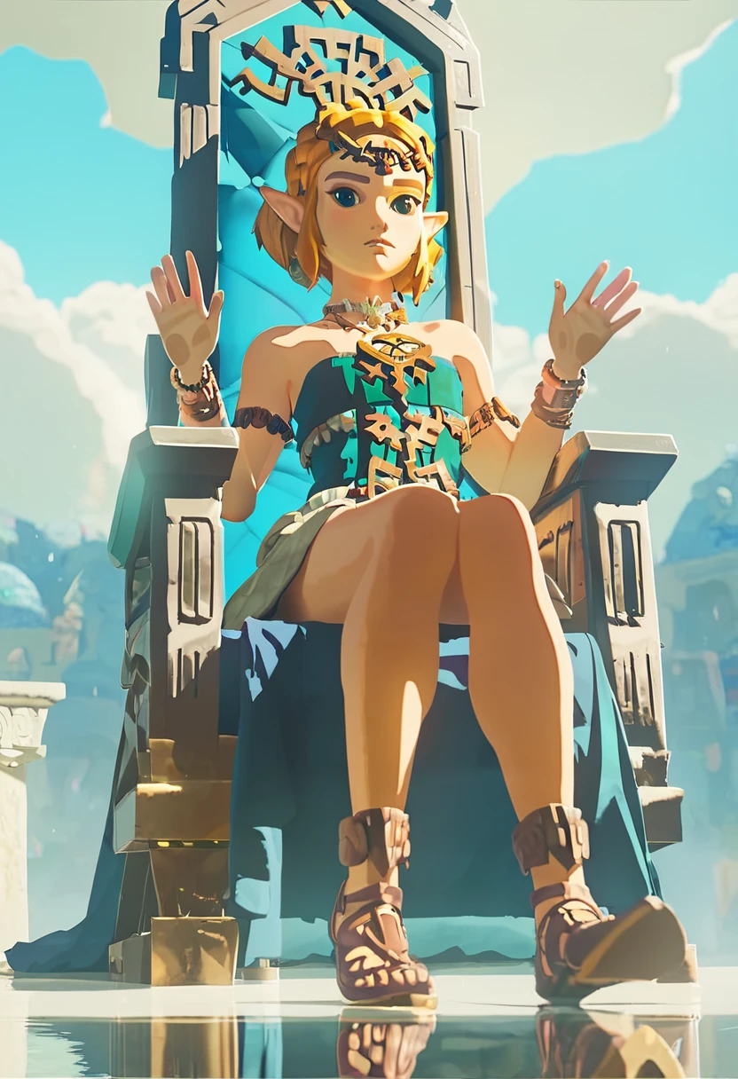 1girl like totkzelda,zonai dress, score_9, score_8_up, score_7_up, short hair,flat chest, <lora:pony_totkz-000040:0.9>, sitting on a glass throne, wide angle, royal, imposing, fanart, artstation, full body