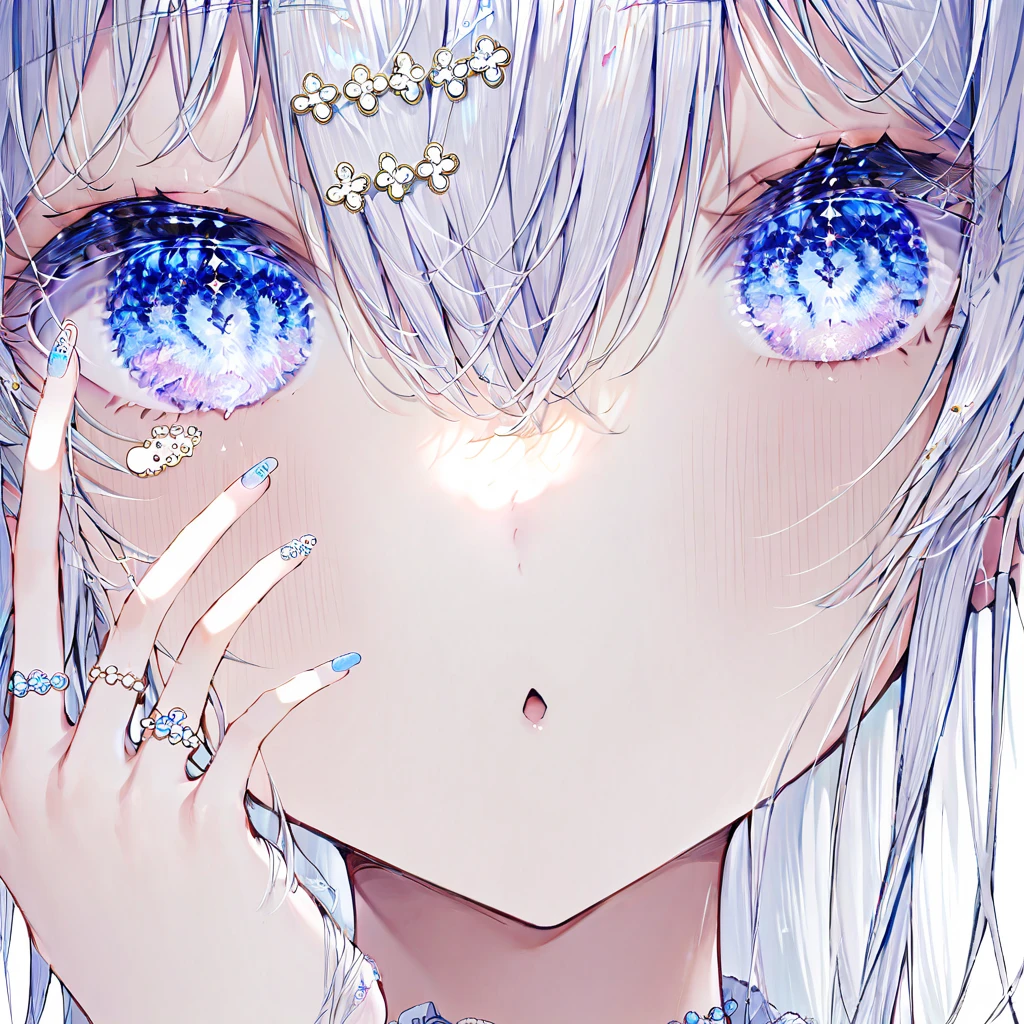 1girl, aqua nails, bangs, blue nails, close-up, eye focus, eyebrows visible through hair, eyelashes, face, fingernails, glint, glowing, hair between eyes, jewelry, looking at viewer, multicolored nails, nail art, nail polish, purple nails, red nails, silver hair, simple background, solo, sparkle, <lora:Jeweled eyes-v1:1>