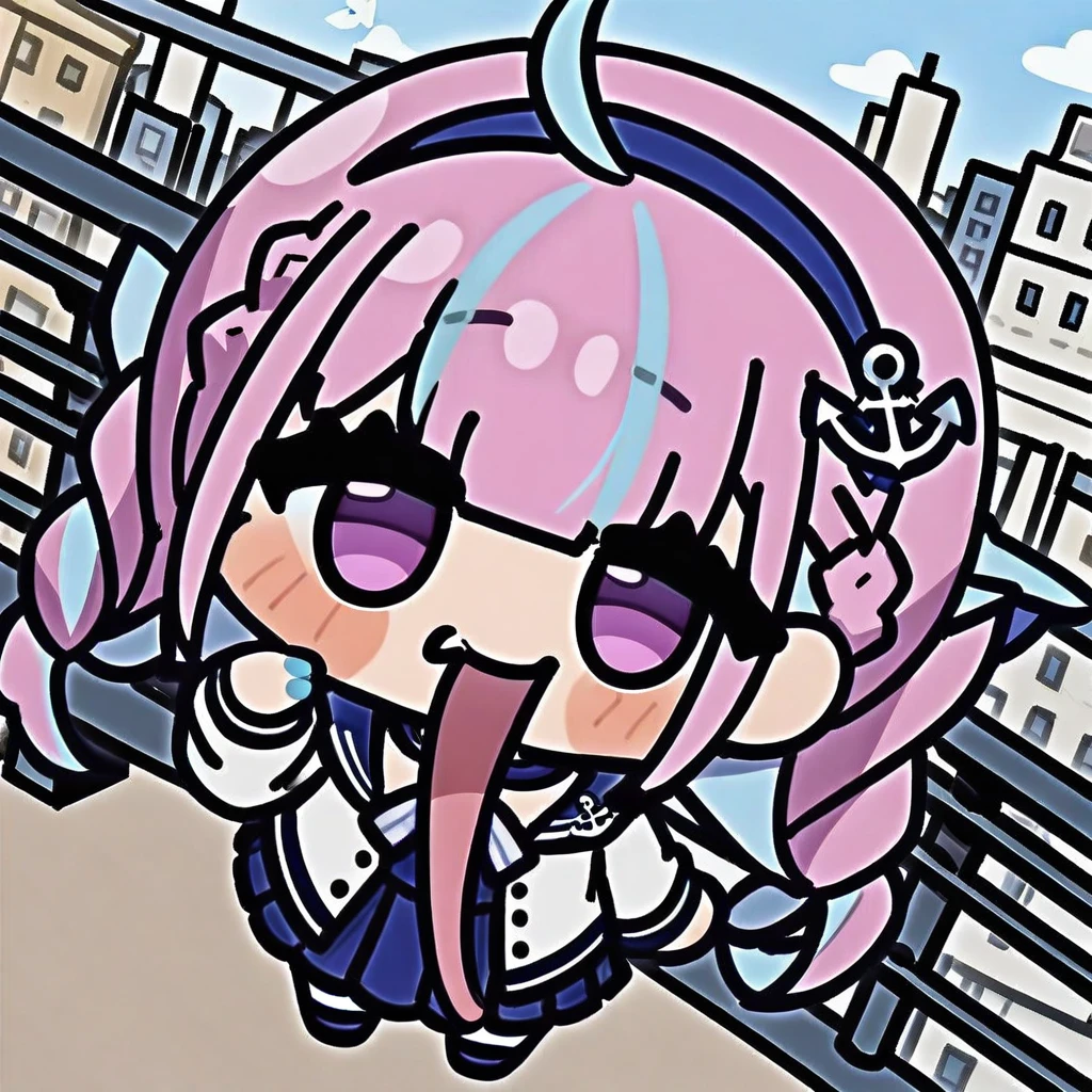 chibi, tongue out, long tongue, full body,(masterpiece),(best quality),1girl, solo, virtual youtuber, multicolored hair, minato aqua, long hair, skirt, braid, looking at viewer, twin braids, bird, bangs, blue hair, outdoors, pantyhose, long sleeves, purple eyes, hat, pink hair, blue skirt, twintails, ahoge, two-tone hair, blush, bow, sailor collar, shirt, hairband, white jacket, pleated skirt, jacket, railing, white pantyhose, breasts, ribbon, white shirt, blue sky, day, streaked hair, open mouth, frills, blue sailor collar, sky, seagull, high-waist skirt, choker, blue bow, red flower, open clothes, standing, colored inner hair, hand up, bowtie, open jacket, collarbone, anchor symbol, cityscape, smile, blue nails