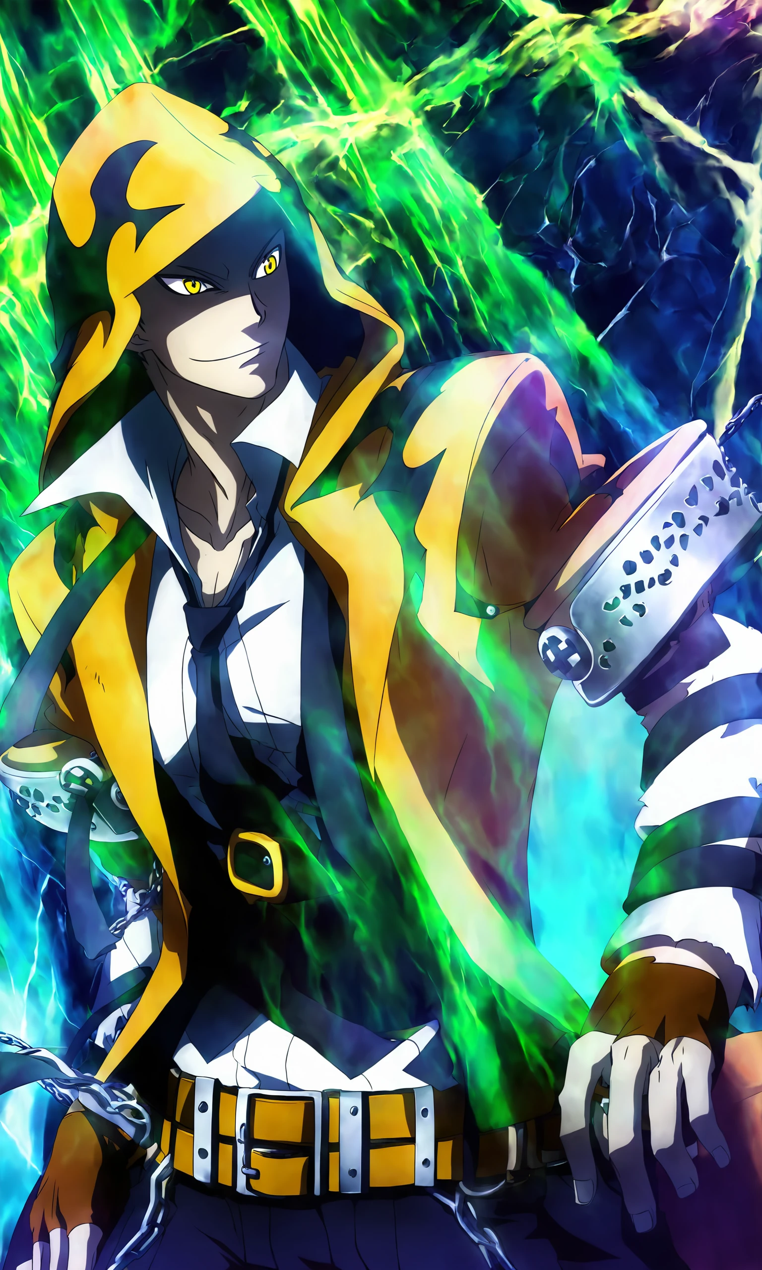 anime artwork illustrating Terumi_BB, solo, gloves, 1boy, yellow eyes,male focus, necktie, belt, hood, fingerless gloves, chain, armband, high quality, hd, 4k, masterpiece, wallpaper,highress,(detailed). created by japanese anime studio. highly emotional. best quality, high resolution