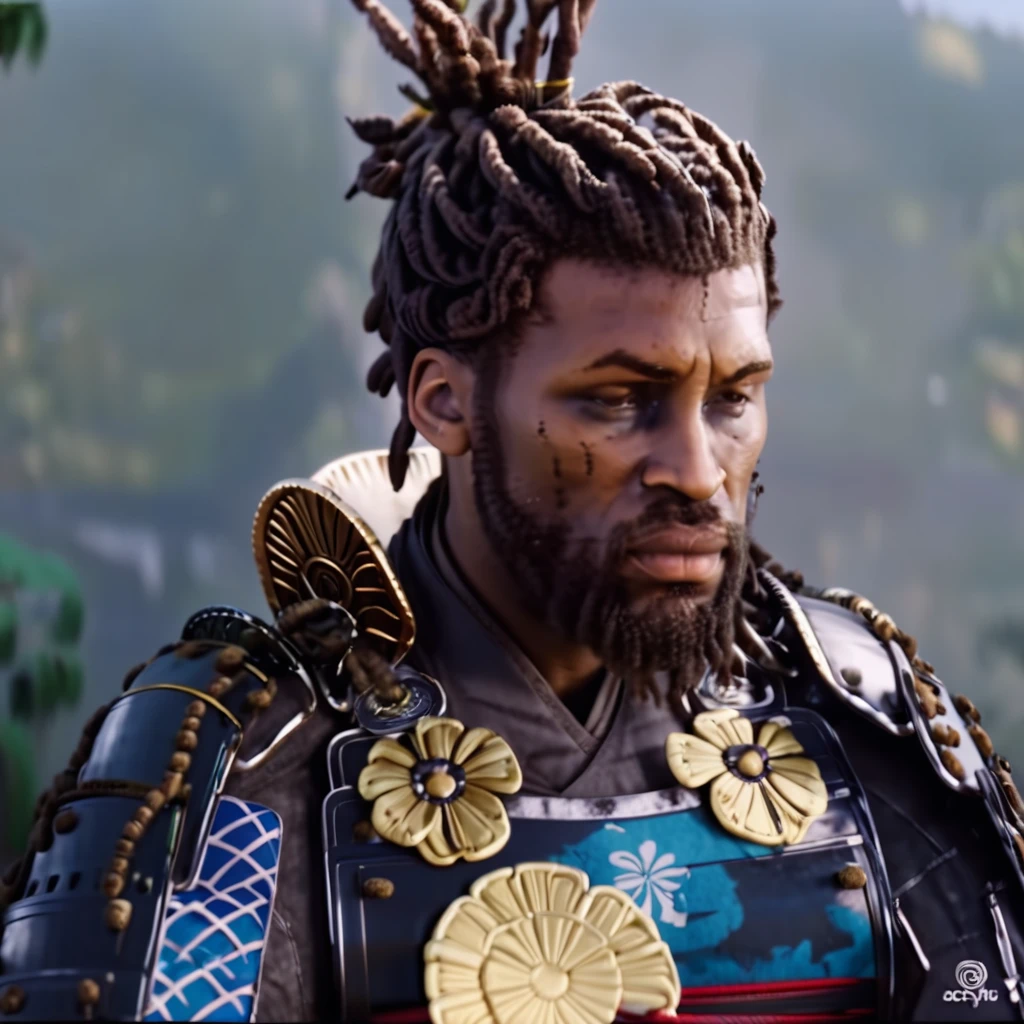 ,  <lora:acstyl_shadowcreedXL:0.9> acstyl style, hyper realistic video game <lora:riiahworldxl:0.8> rhwrld, dreads in a bun, black man, wearing samurai armor