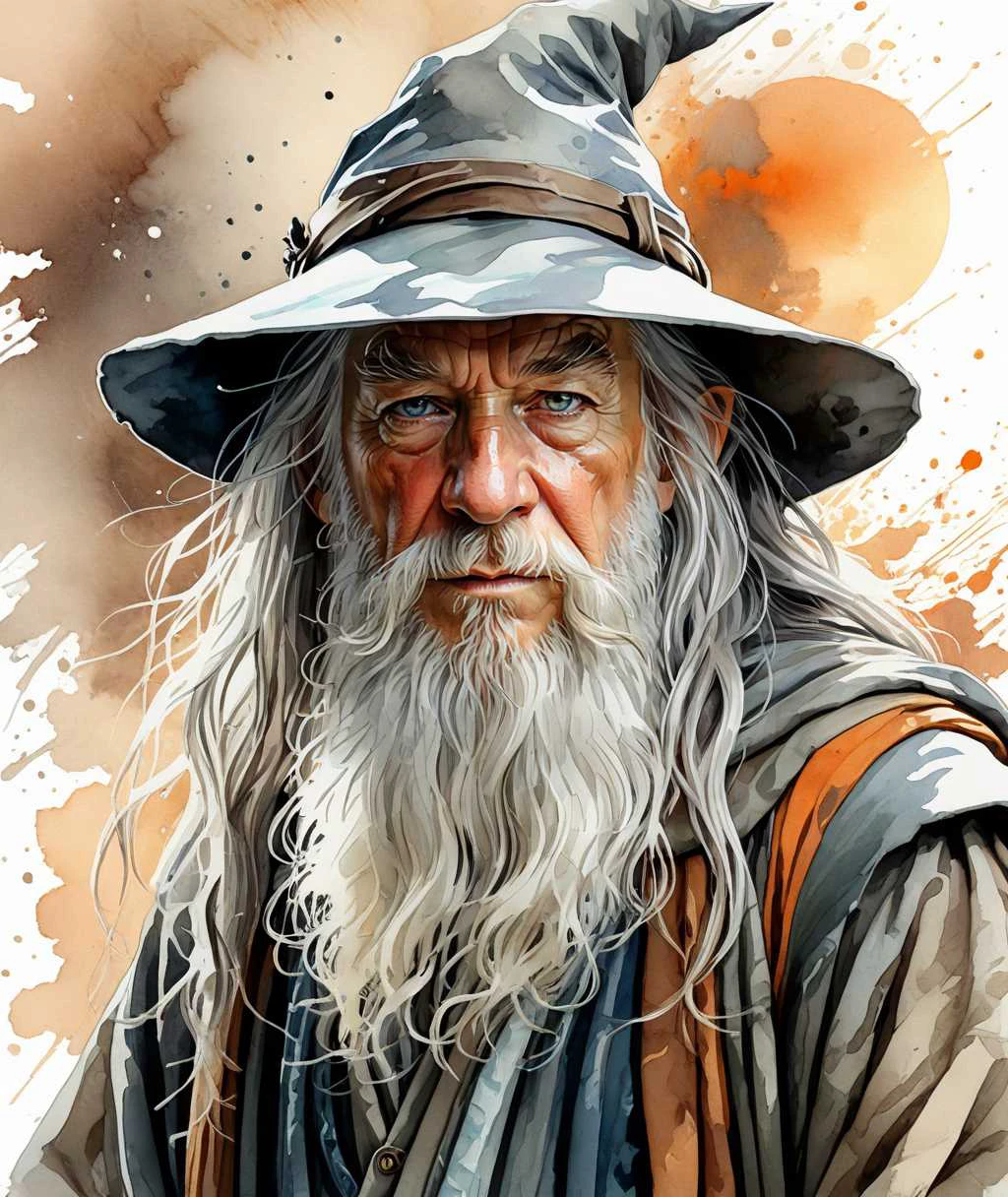 Powerful Gandalf portait, thinking, Storm Aura,  warm color, comic style, perfect anatomy, centered, approaching perfection, dynamic, highly detailed, concept art, smooth, sharp focus, illustration, art by Carne Griffiths and Wadim Kashin, trending on artstation, sharp focus, studio photo, intricate details, highly detailed, by greg rutkowski, kids story book style, muted colors, watercolor style, muted colors, watercolor style